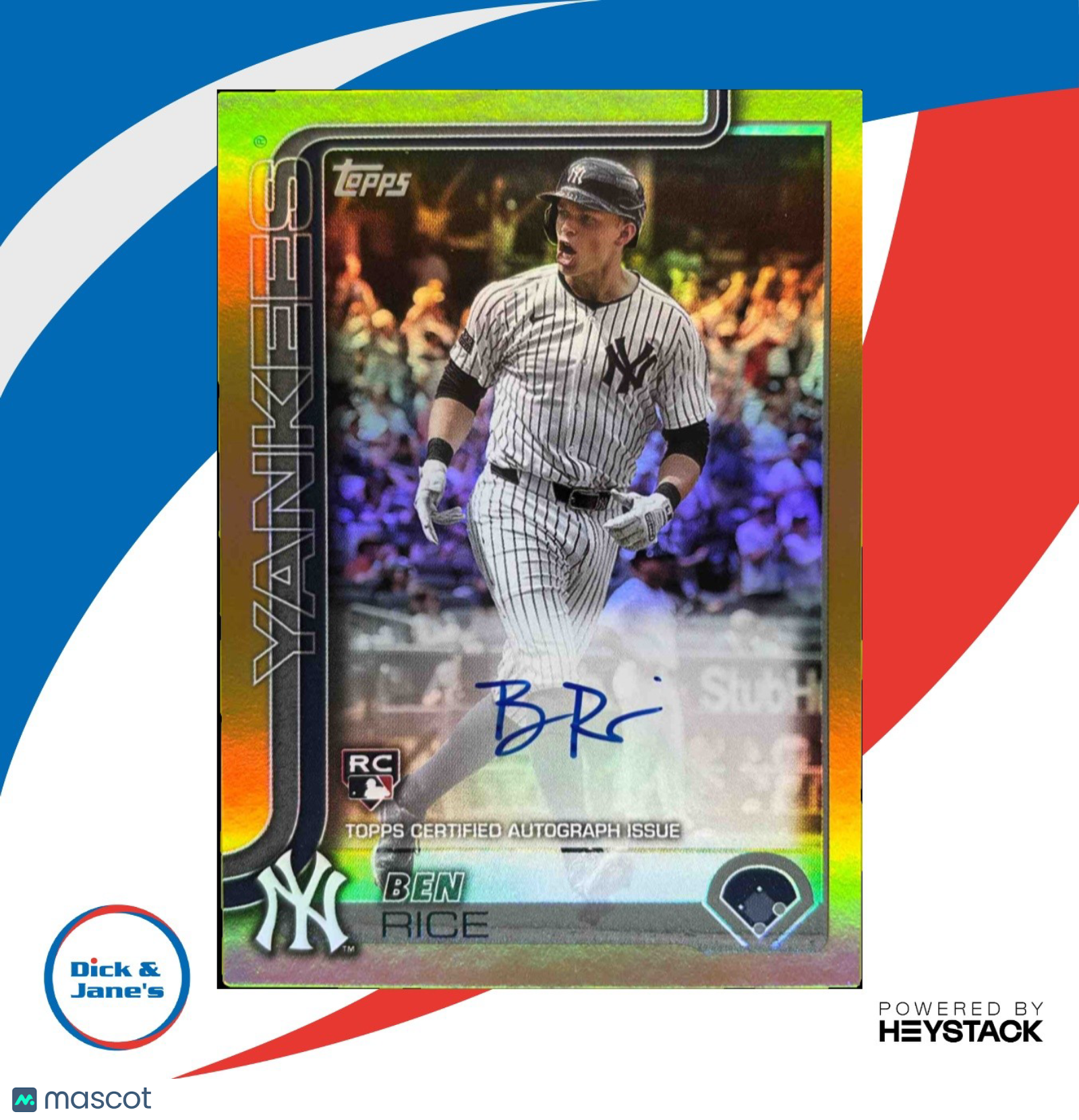 2025 Topps Ben Rice Real One Auto Gold Foil 44/50 #337 RC New York Yankees