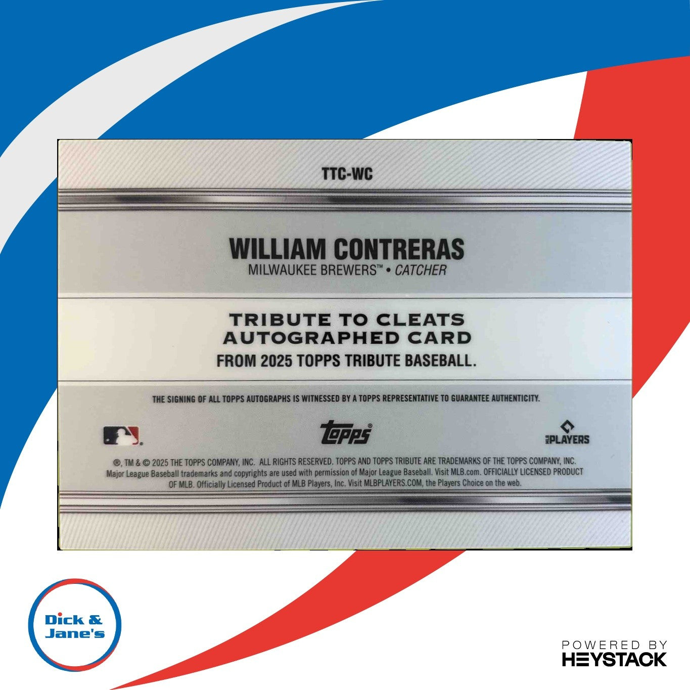 2025 Topps Tribute William Contreras To Cleats Auto 92/99 Milwaukee Brewers