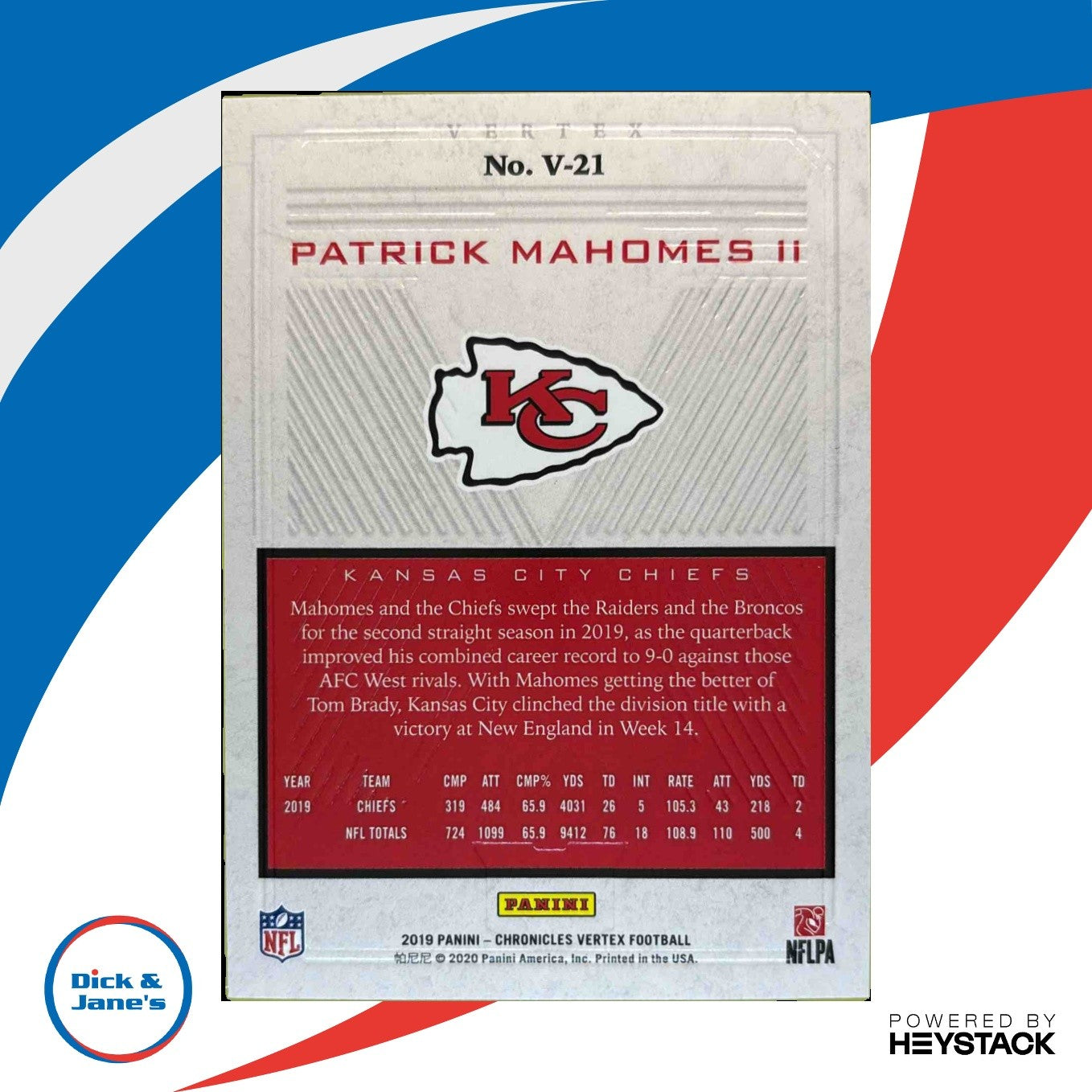 2019 Panini Chronicles Patrick Mahomes II Vertex #V-21 Kansas City Chiefs