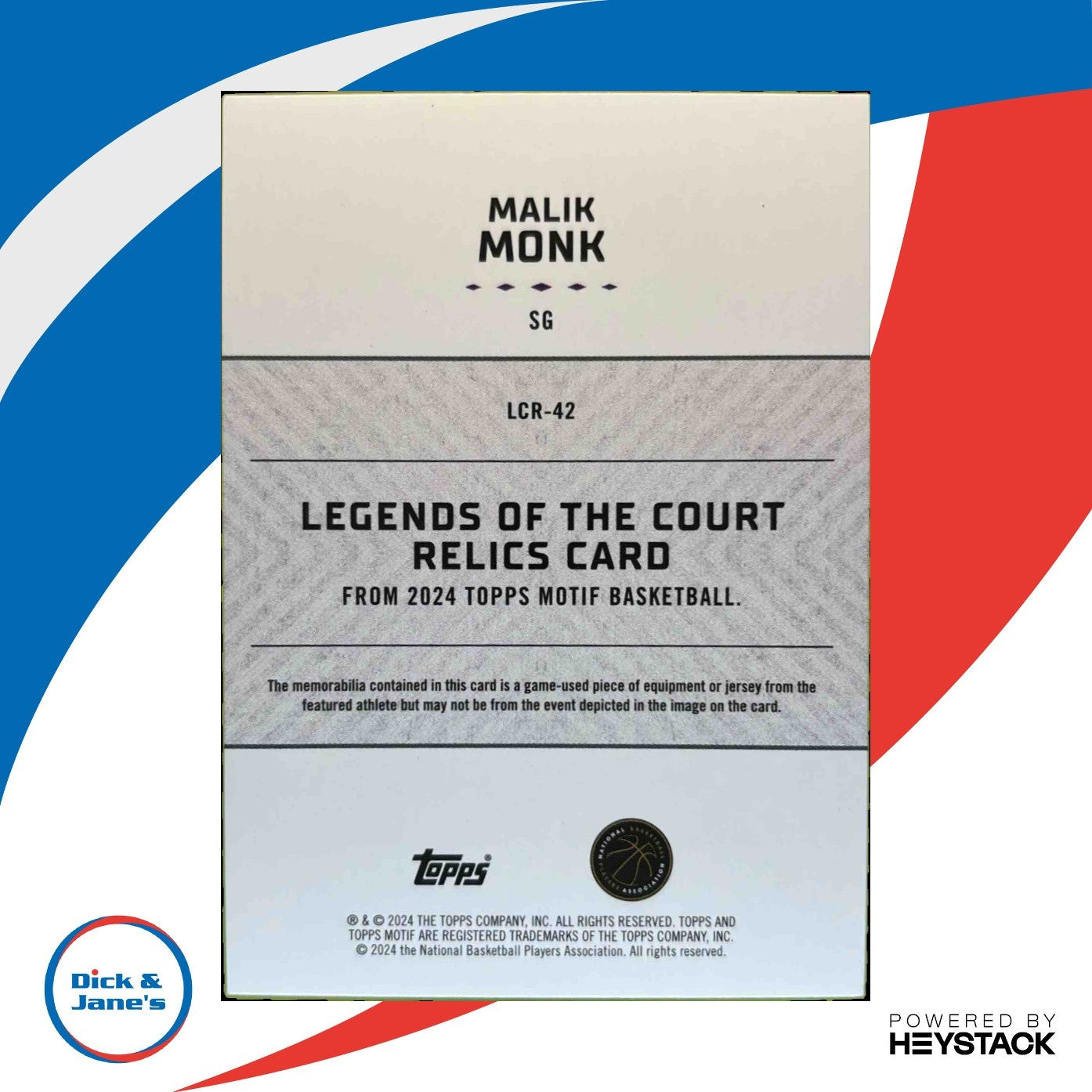 2023-24 Topps Motif Malik Monk Legends of the Court Relics Windsor Green 6/10