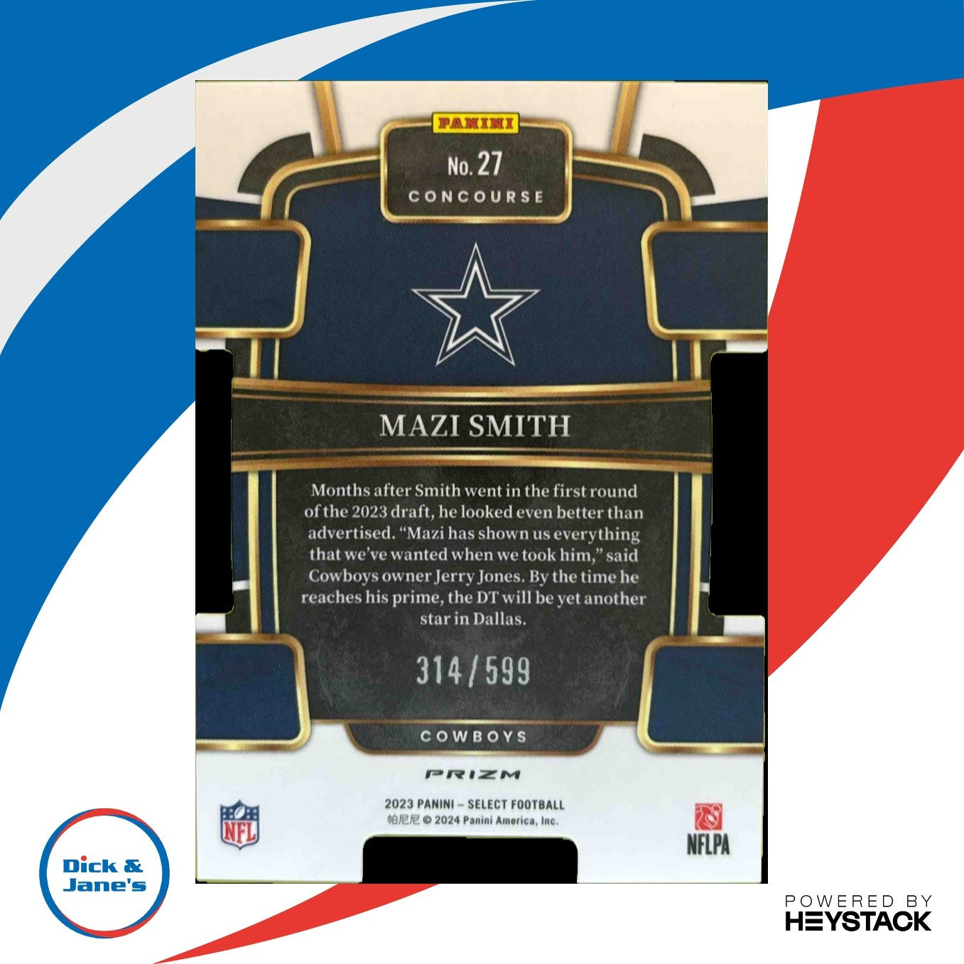 2023 Select Mazi Smith Neon Green Prizms Die Cut 314/599 RC Concourse Cowboys