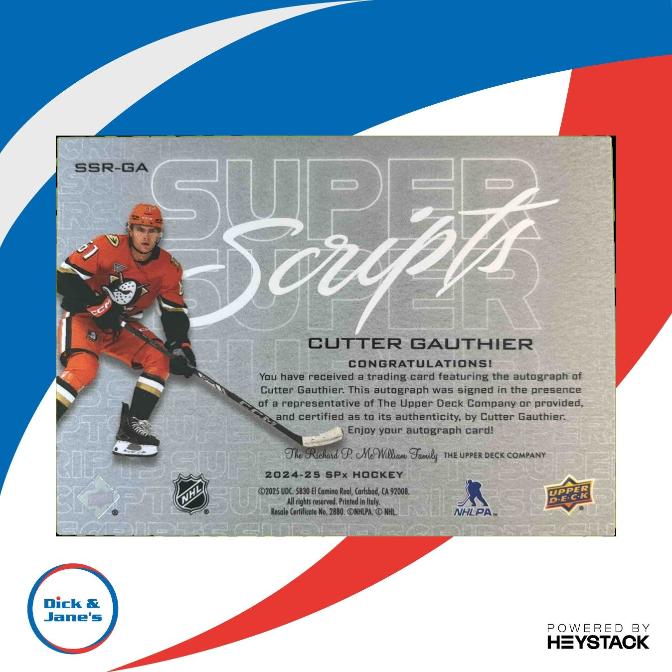 2024-25 Upper Deck SPx Cutter Gauthier SuperScripts Rookies Auto Anaheim Ducks