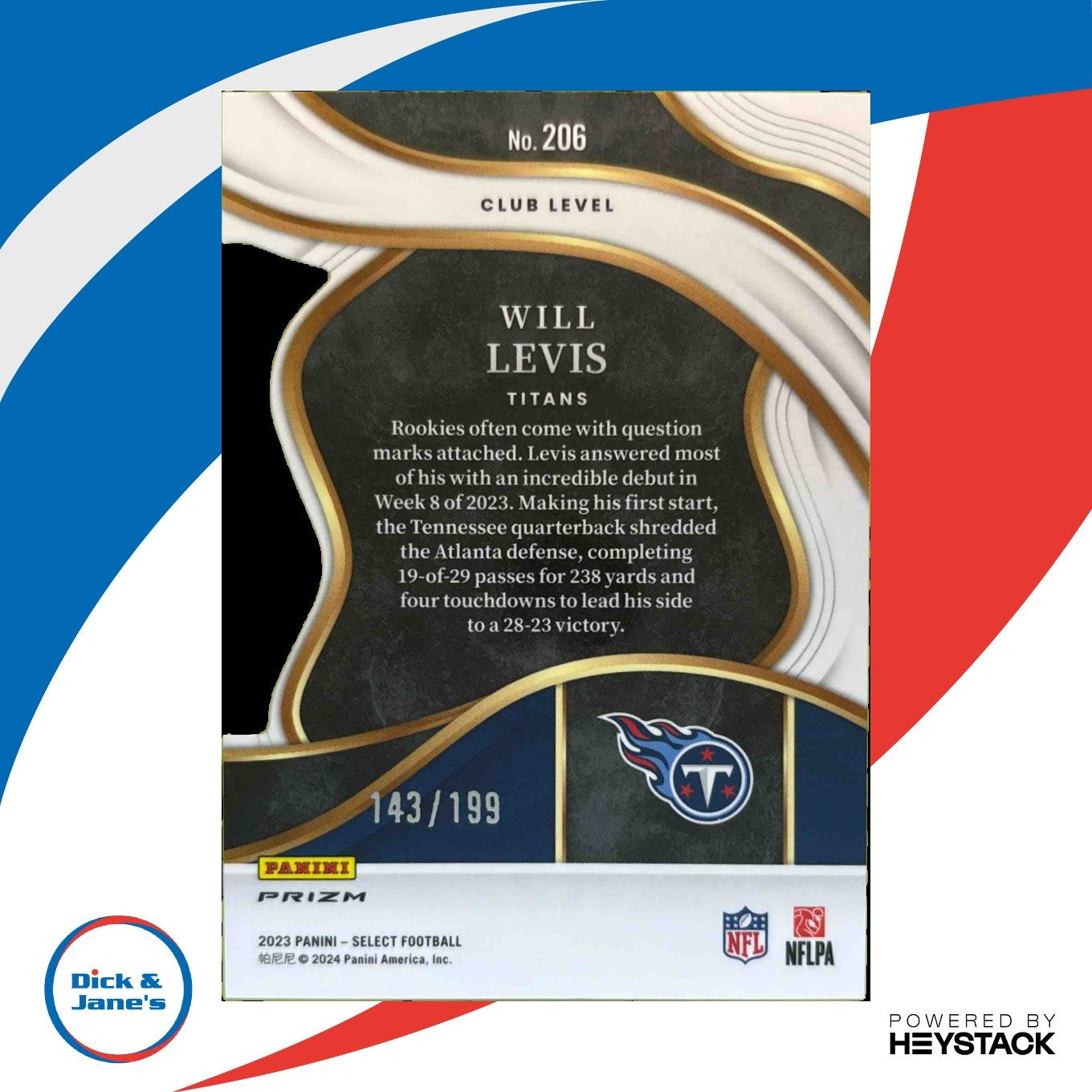 2023 Select Will Levis White Prizms Die Cut 143/199 206 Club RC Tennessee Titans