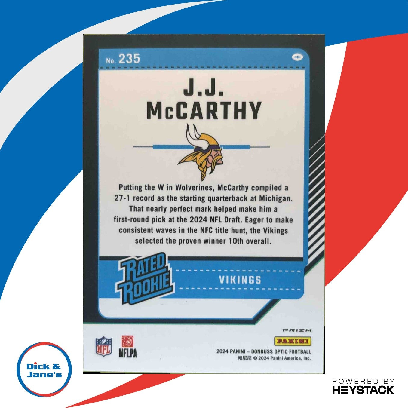 2024 Donruss Optic J.J. McCarthy Purple Shock 235 Rated Rookie Minnesota Vikings