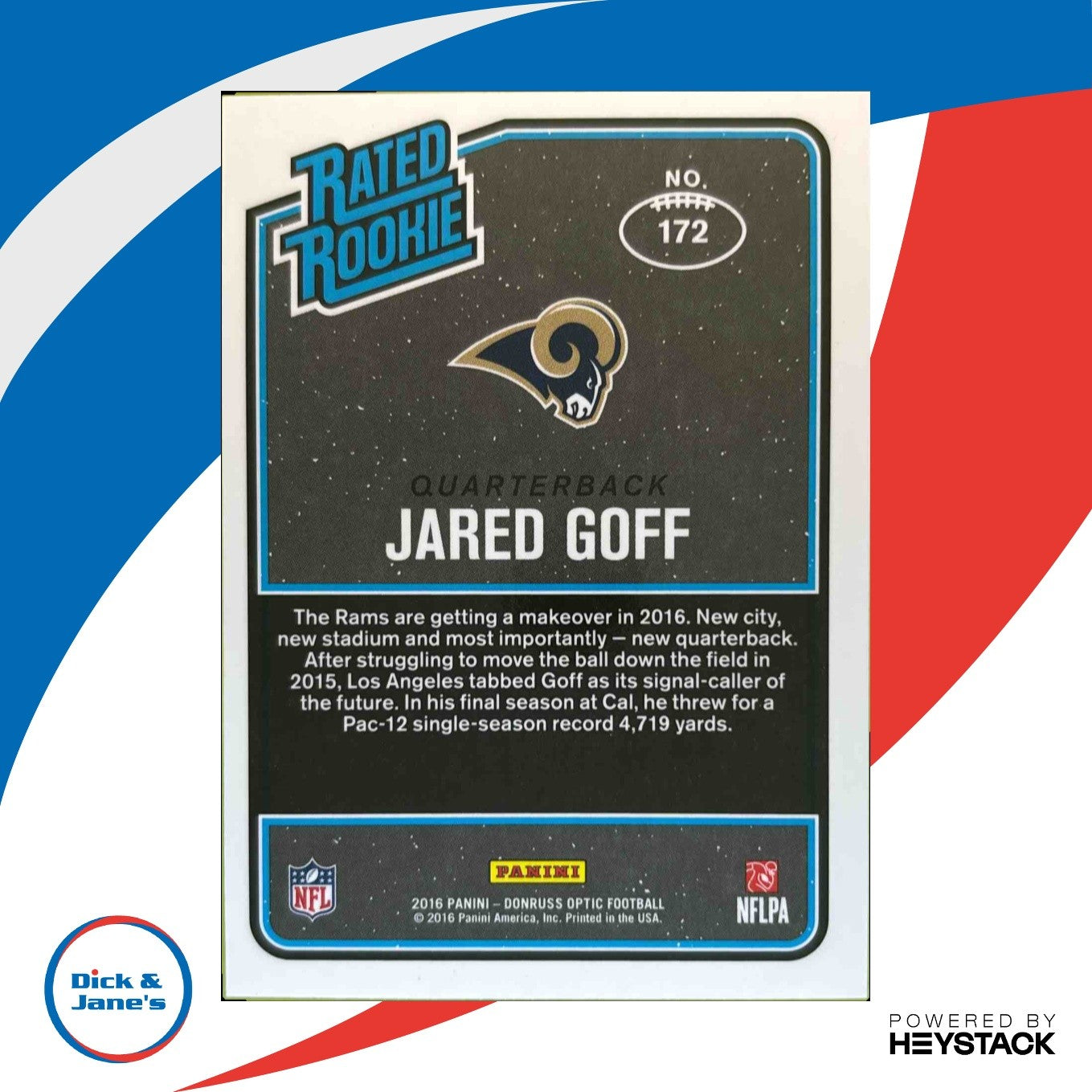 2016 Panini Donruss Optic Jared Goff #172 RC Los Angeles Rams Rated Rookie Card