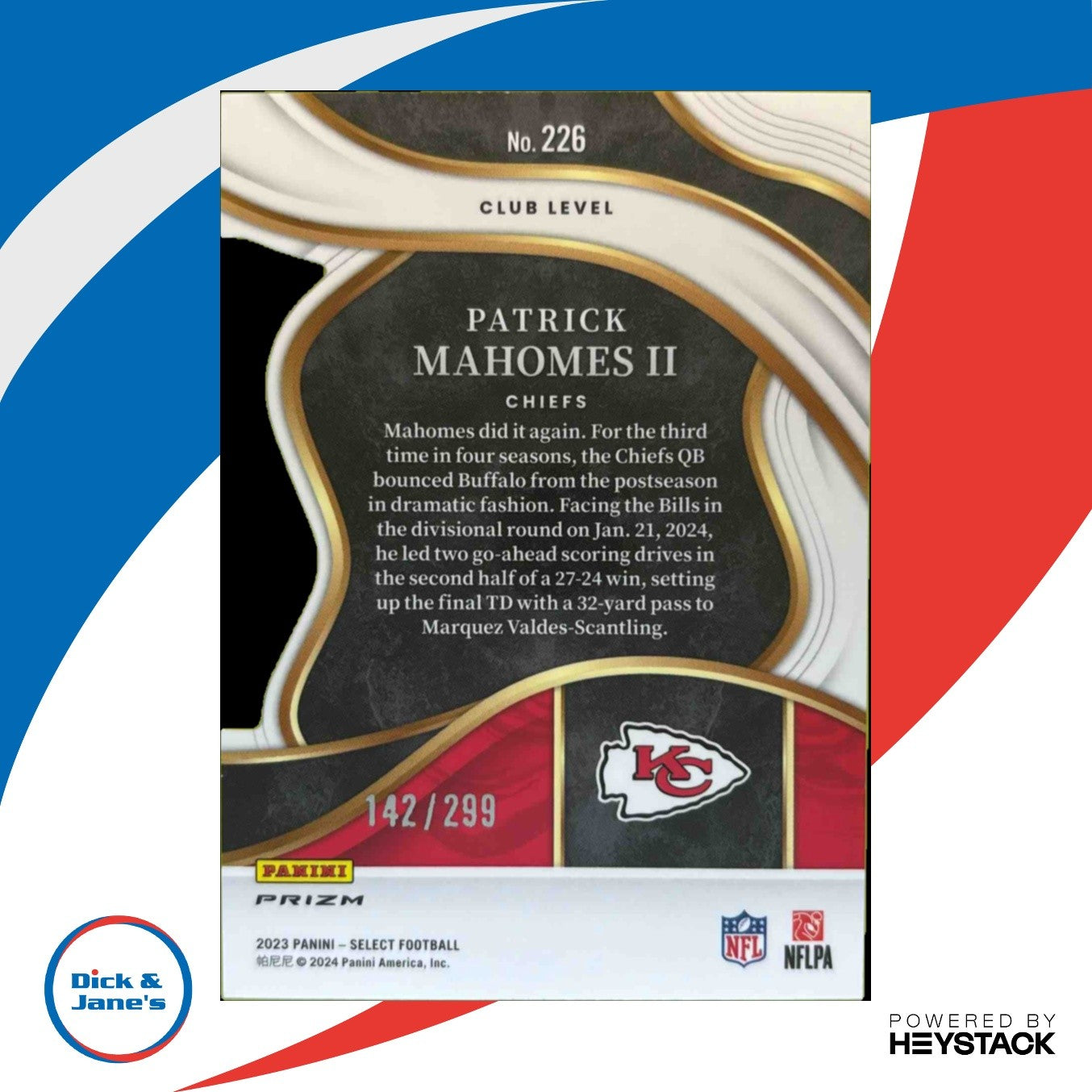 2023 Select Patrick Mahomes II Copper Prizms Die Cut 142/299 #226 Club Chiefs