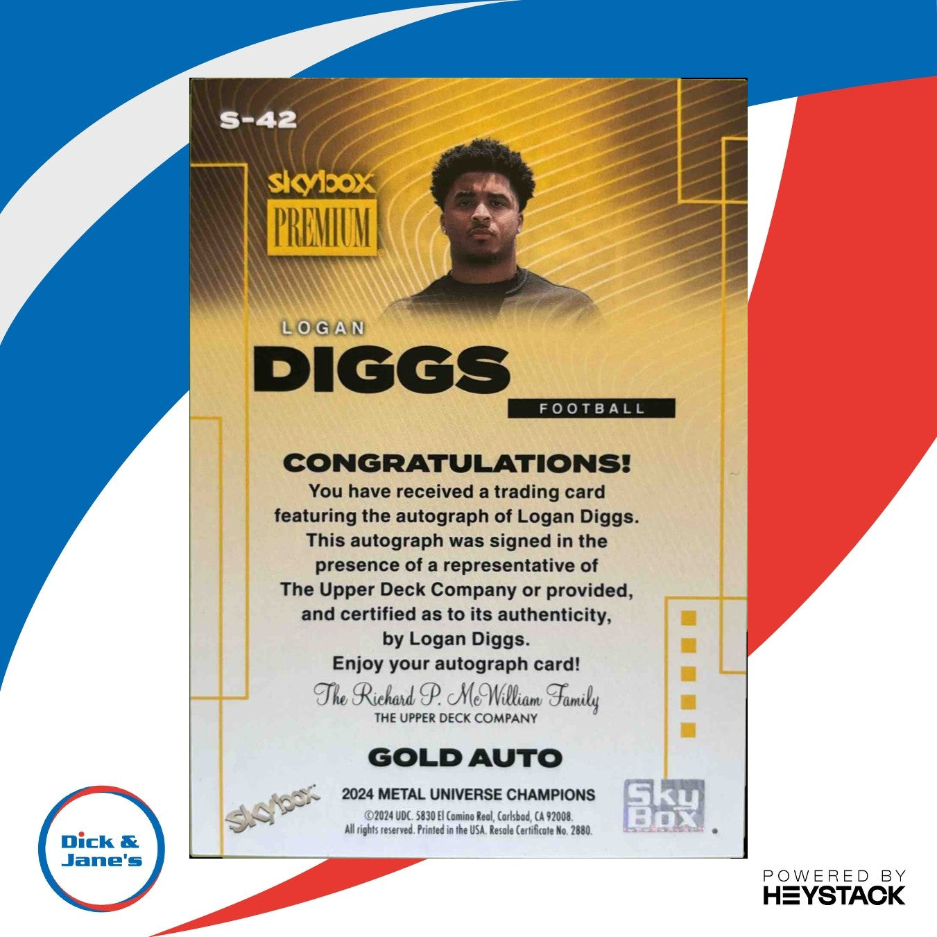 2024 SkyBox Metal Universe Champions Logan Diggs Skybox Premium Gold #S-42 Auto