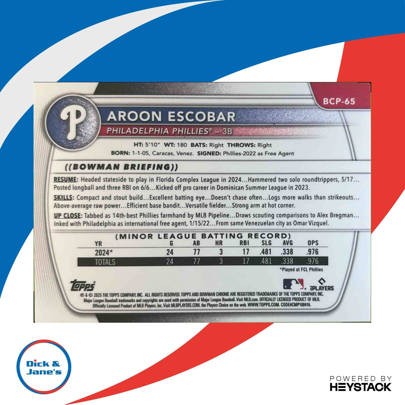 2025 Bowman Aroon Escobar Chrome Prospects Red Geometric Refractor 5/5 #BCP-65