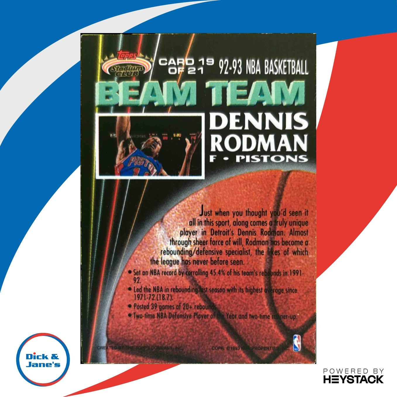 1992-93 Topps 93 Stadium Club Dennis Rodman Beam Team #19 Pistons INV83619