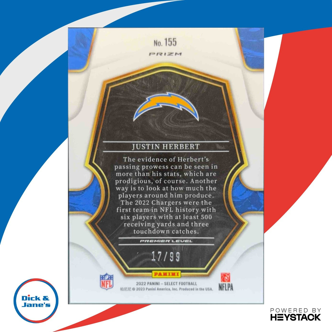 2022 Select Justin Herbert Light Blue Prizm 17/99 Premier Los Angeles Chargers