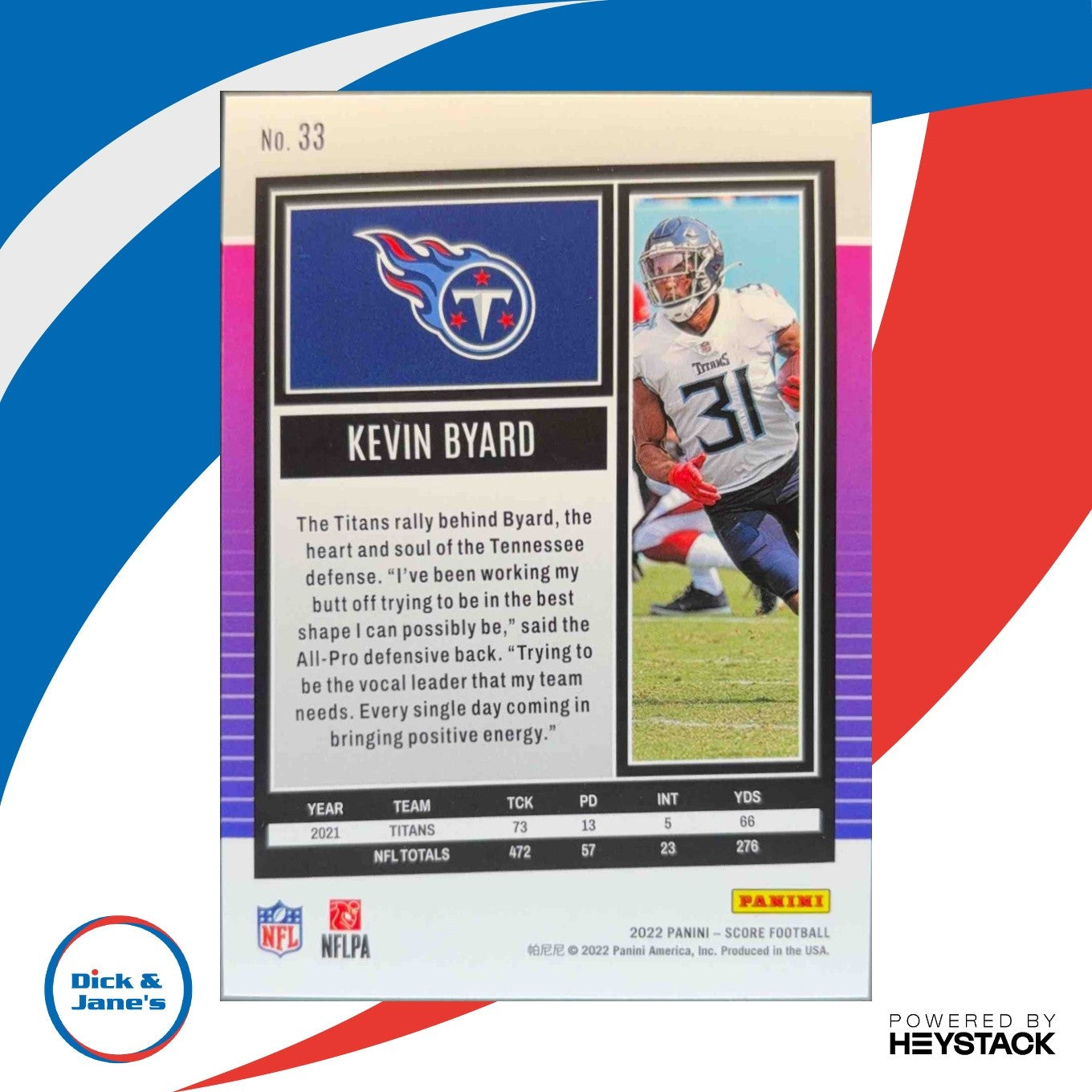 2022 Panini Score Kevin Byard End Zone 4/6 #33 Tennessee Titans