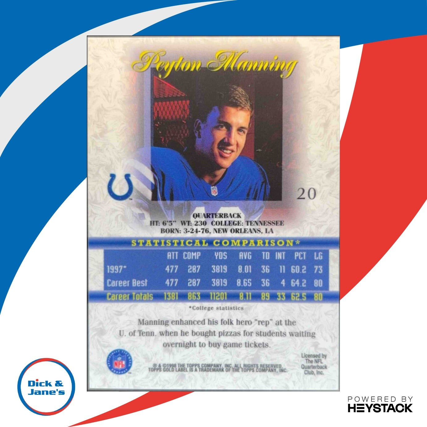 1998 Topps Gold Label Peyton Manning #20 RC Indianapolis Colts