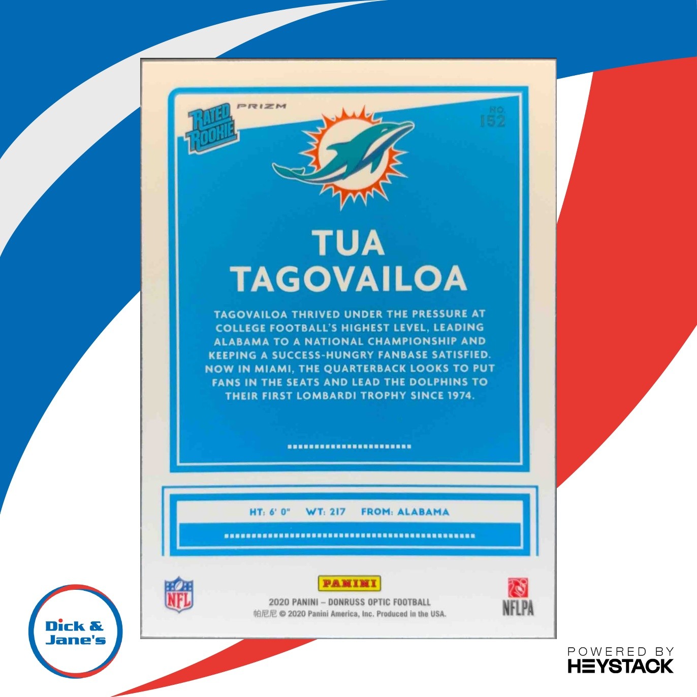 2020 Panini Donruss Optic Tua Tagovailoa Blue Hyper Prizm #152 RC Miami Dolphins