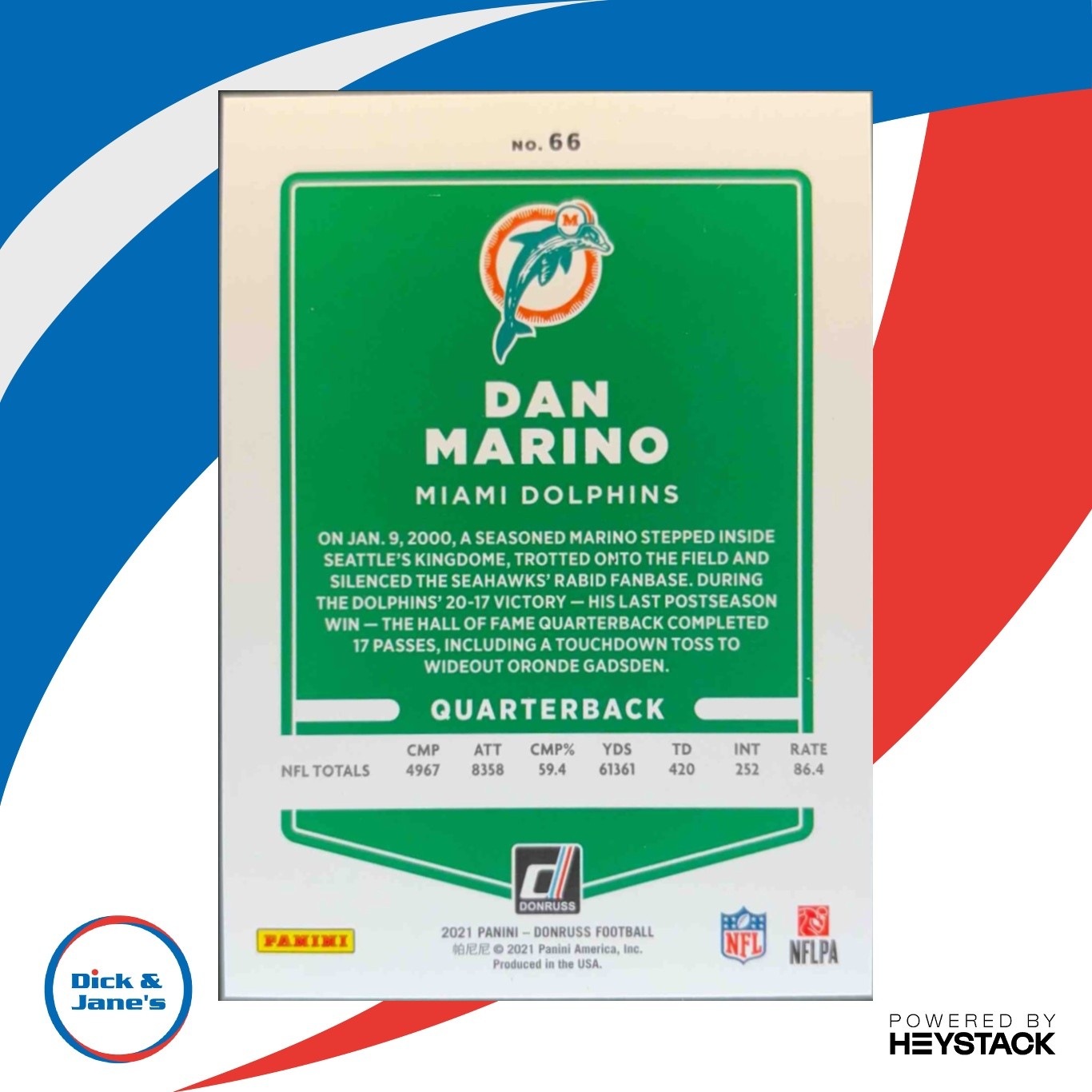 2021 Panini Donruss Dan Marino No Name #66 Miami Dolphins