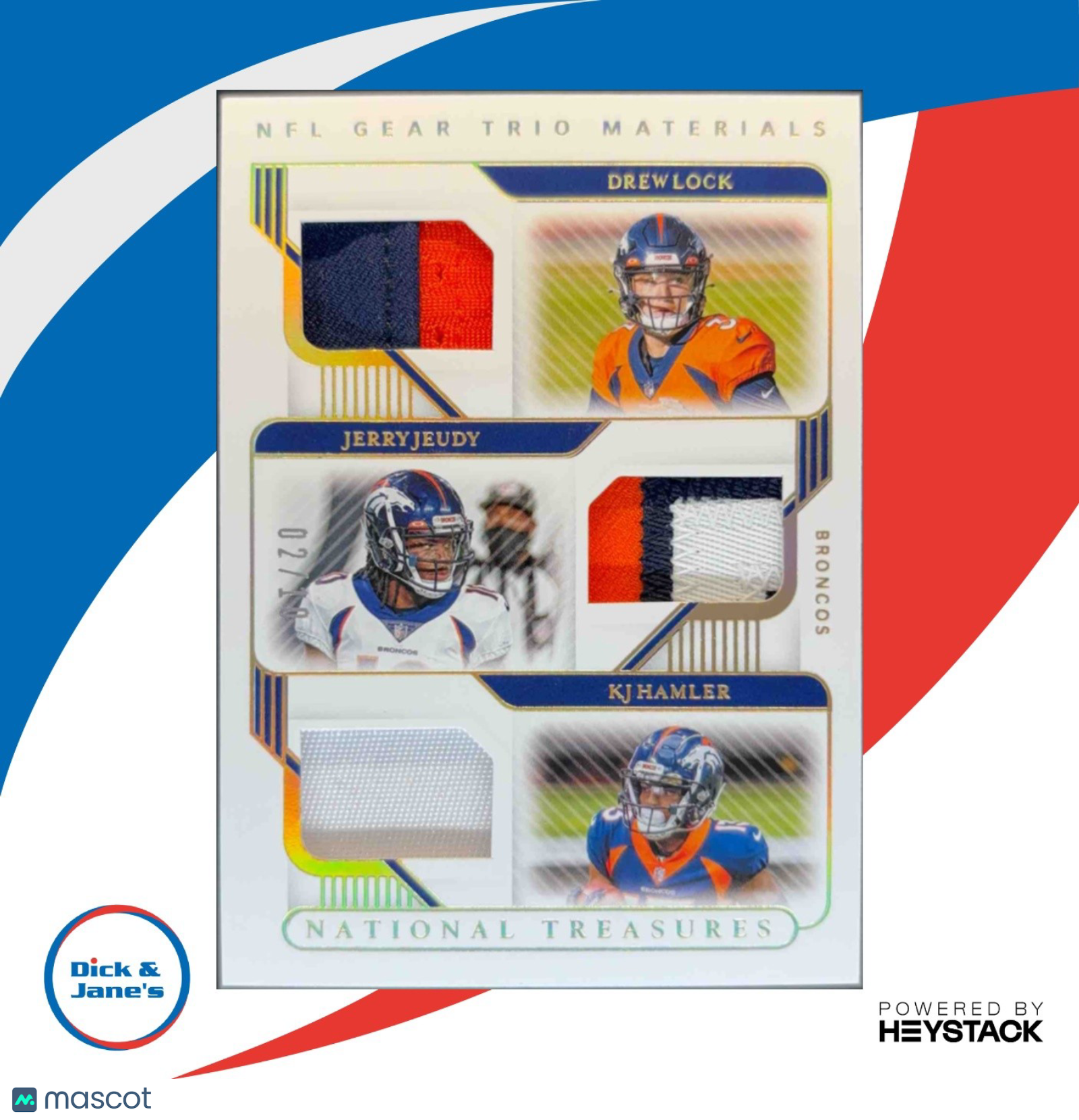 2020 National Treasures Drew Lock Jerry Jeudy Hamler NFL Gear Trio Prime Gold/10