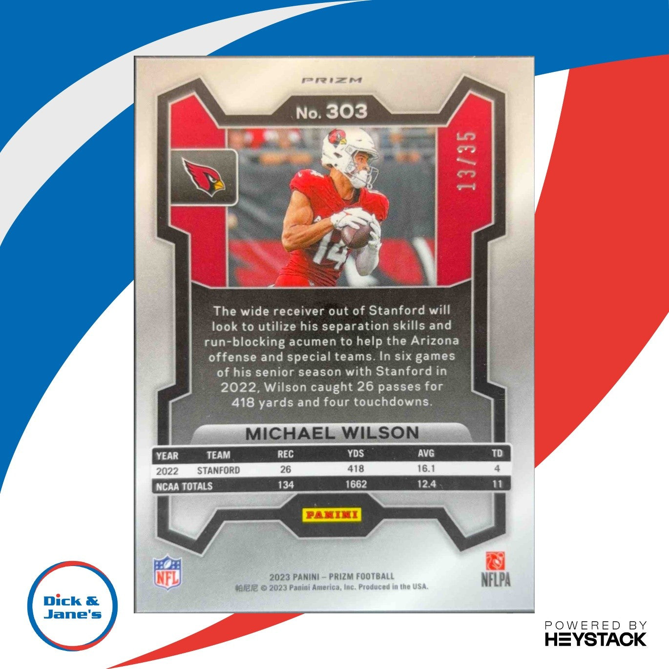 2023 Panini Prizm Michael Wilson Red Shimmer 13/35 #303 RC Arizona Cardinals