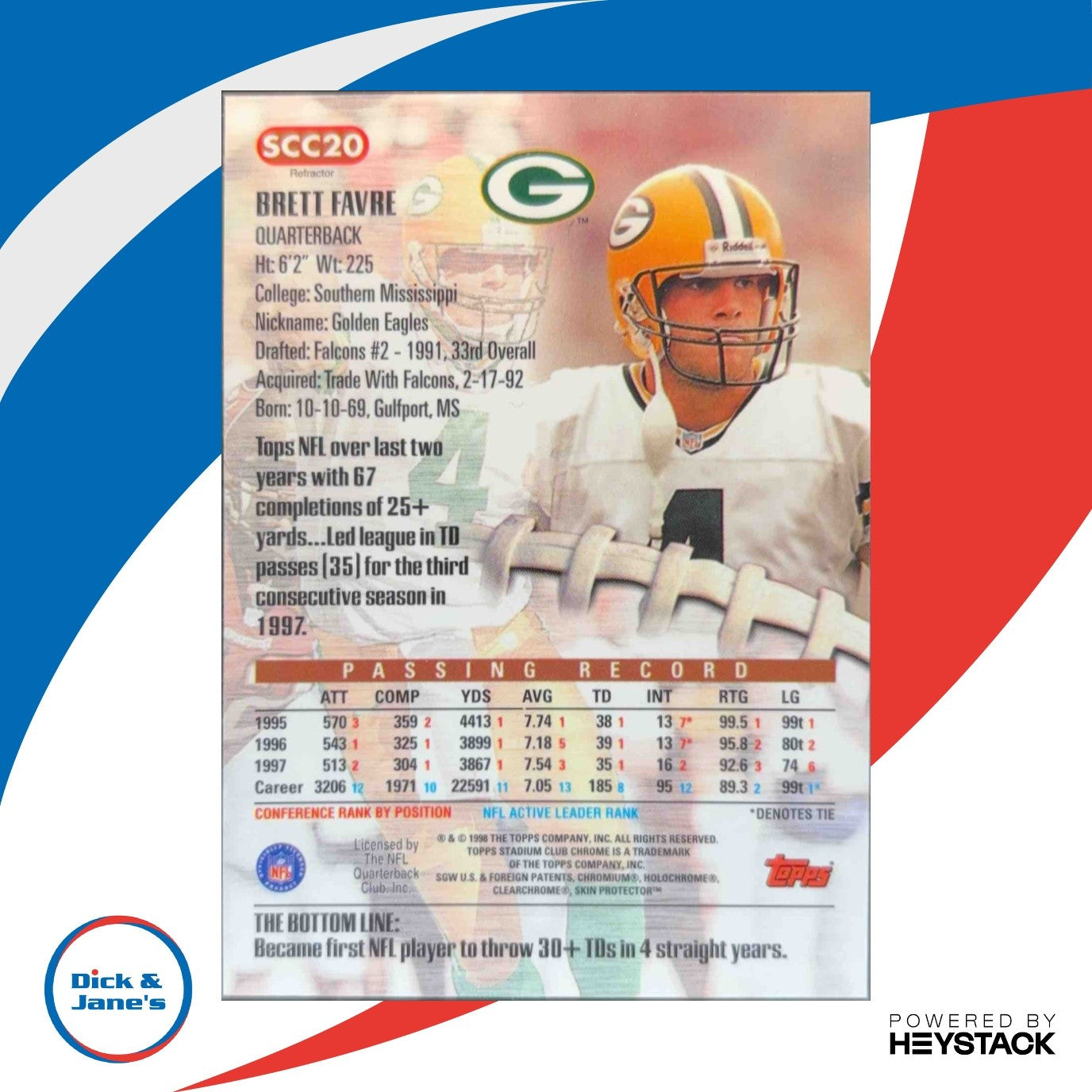 1998 Topps Stadium Club Brett Favre Chrome Refractor #SCC20 Green Bay Packers
