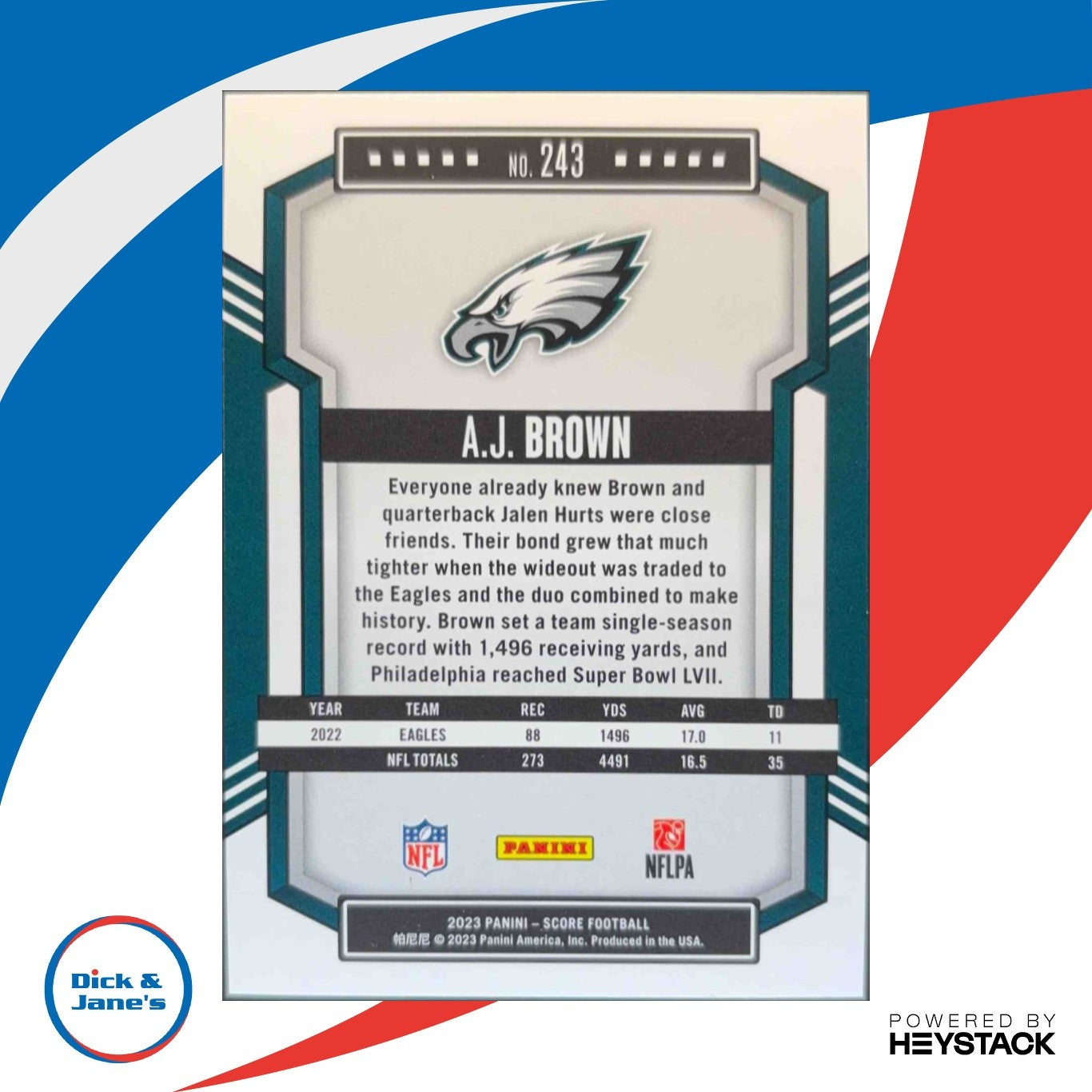 2023 Panini Score A.J. Brown Red Zone /20 #243 Philadelphia Eagles