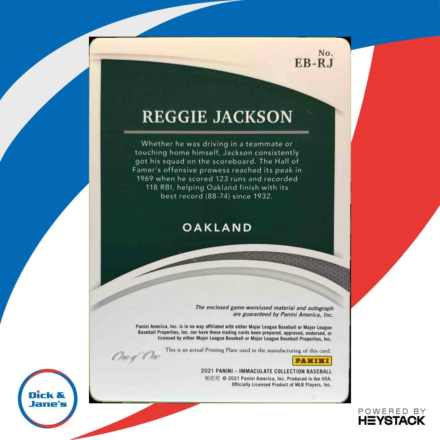 2021 Immaculate Collection Reggie Jackson Extra Bases Printing Plate BK 1/1 Auto