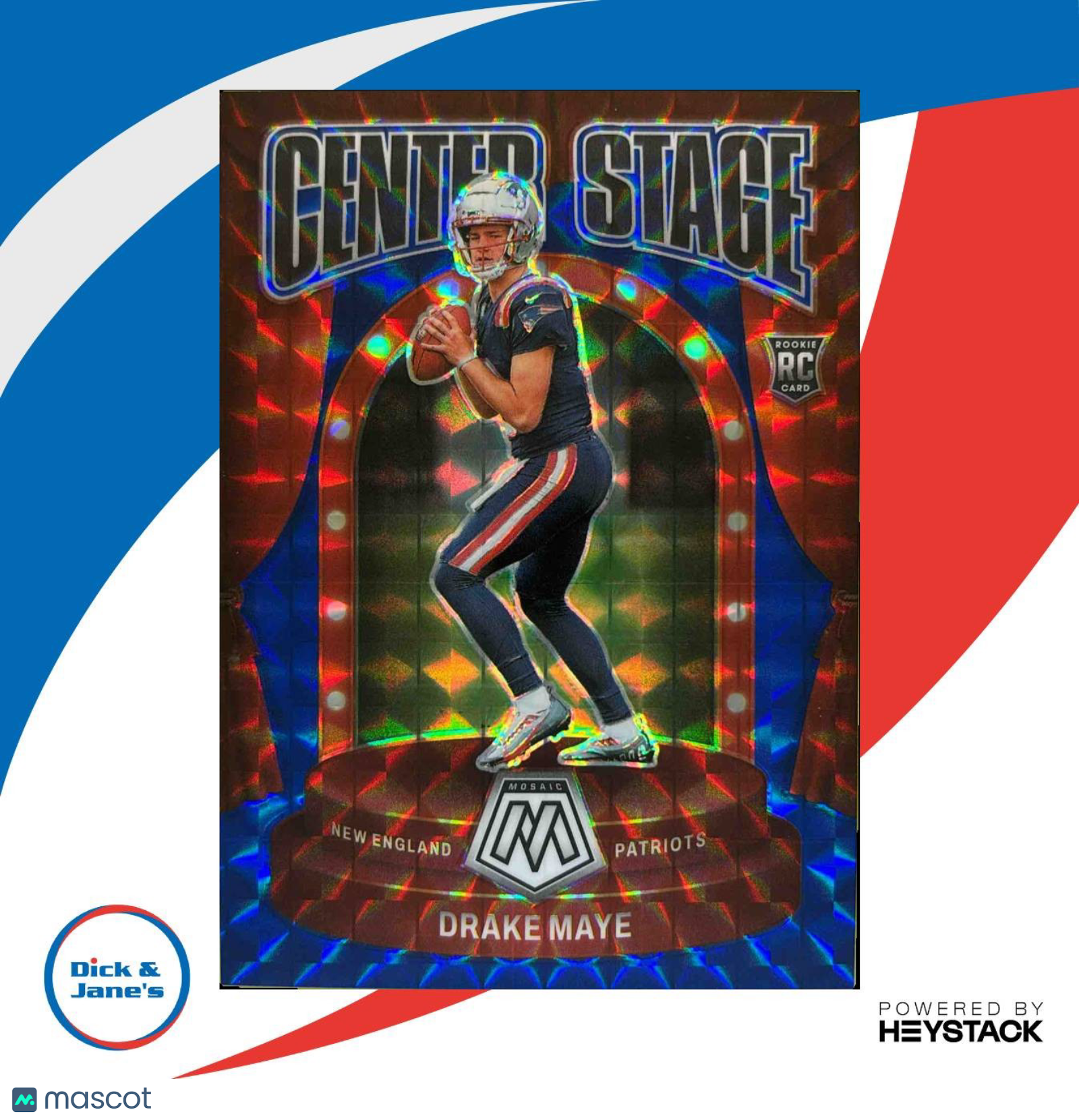 2024 Panini Mosaic Drake Maye Center Stage Blue 77/99 RC New England Patriots
