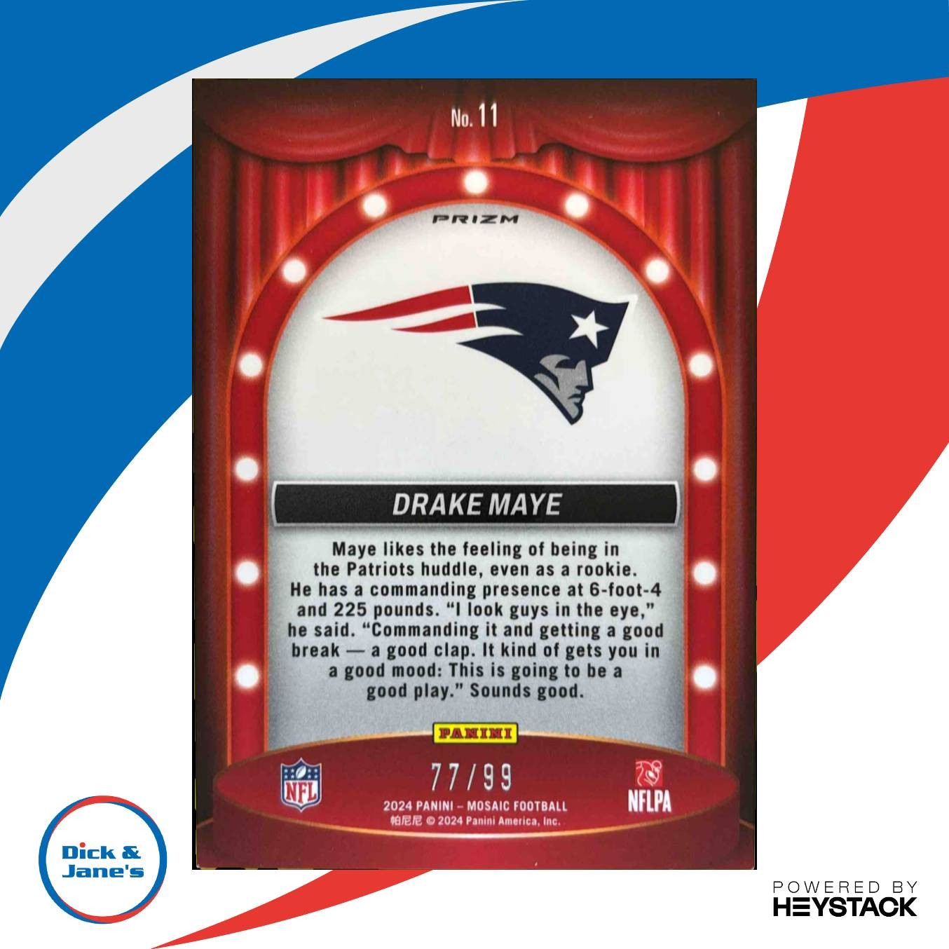2024 Panini Mosaic Drake Maye Center Stage Blue 77/99 RC New England Patriots