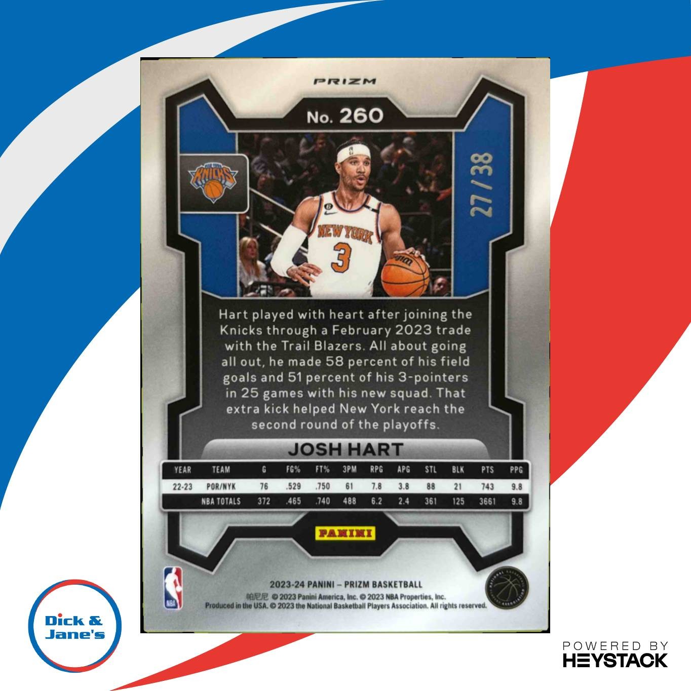 2023-24 Panini Prizm Josh Hart Prizms White Wave 27/38 #260 New York Knicks