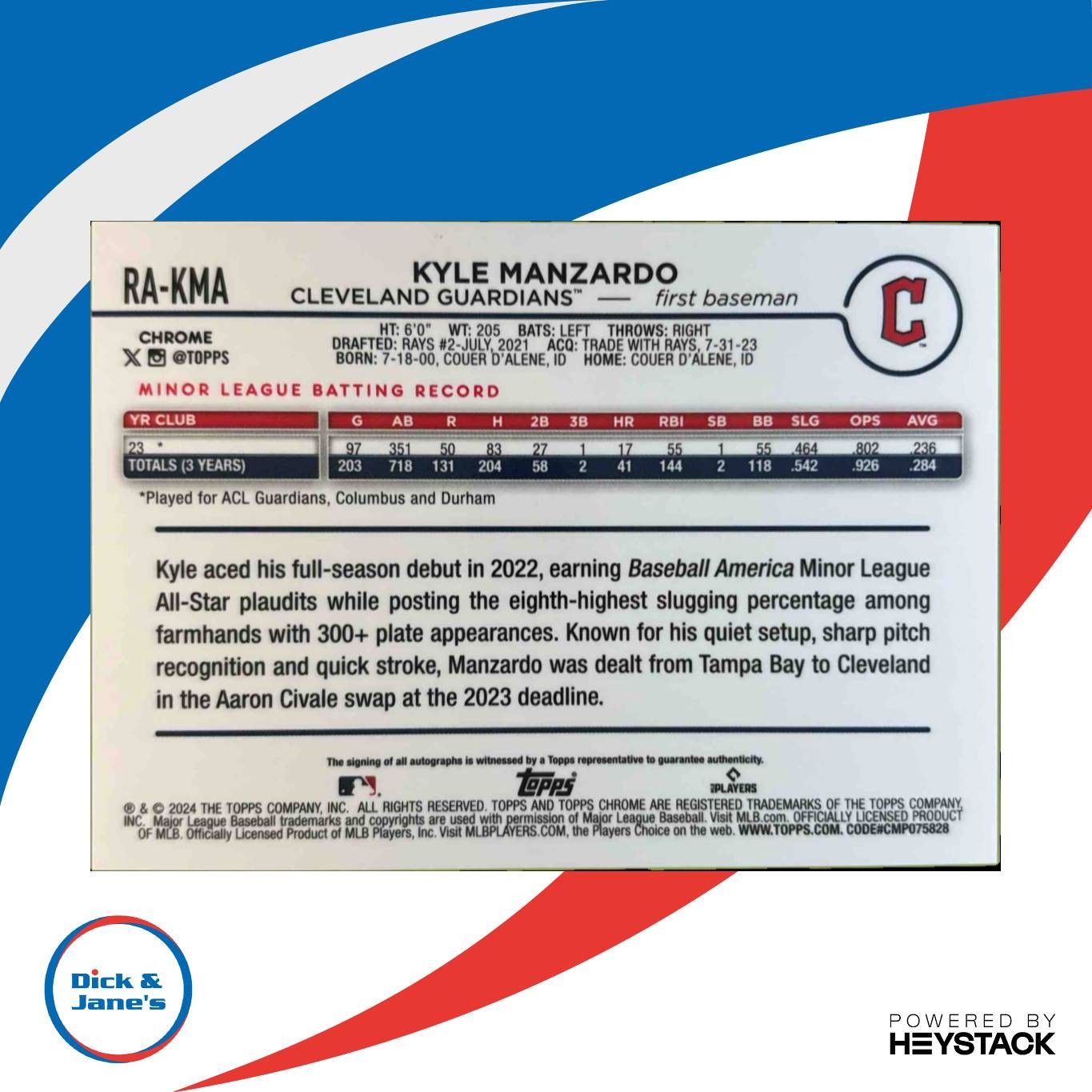 2024 Topps Chrome Update Kyle Manzardo Auto Blue RayWave Refractor 23/150 RC