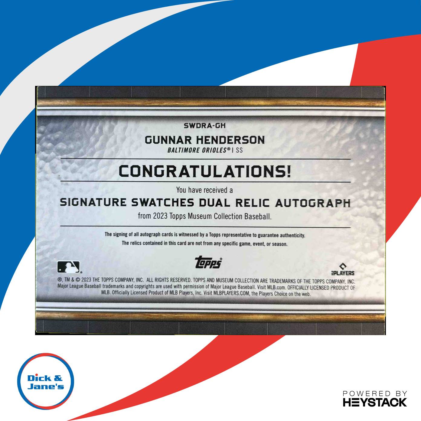 2023 Topps Museum Collection Gunnar Henderson Signature Swatches Dual Relic Auto