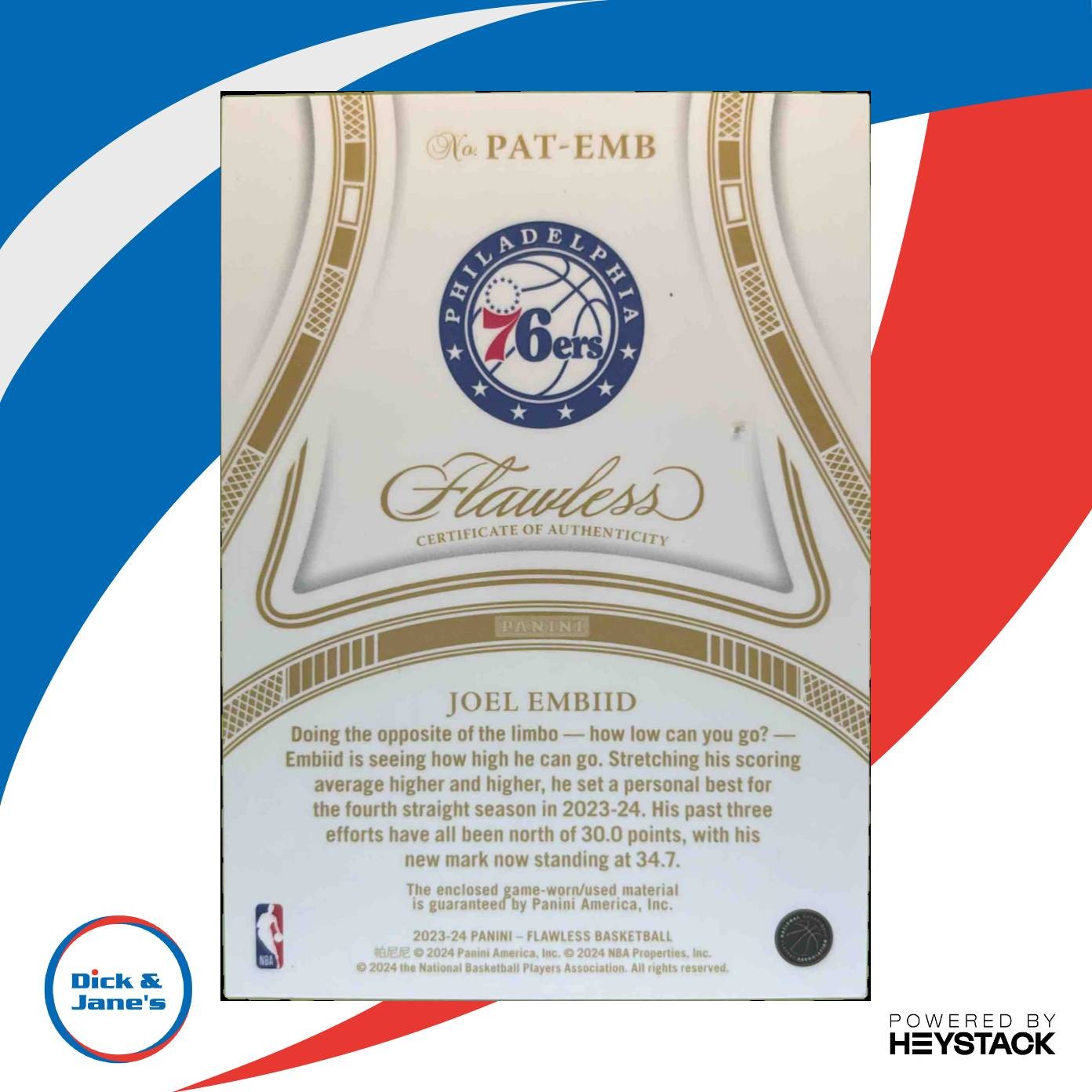 2023-24 Panini Flawless Joel Embiid Patches 10/20 #PAT-EMB MEM 76ers
