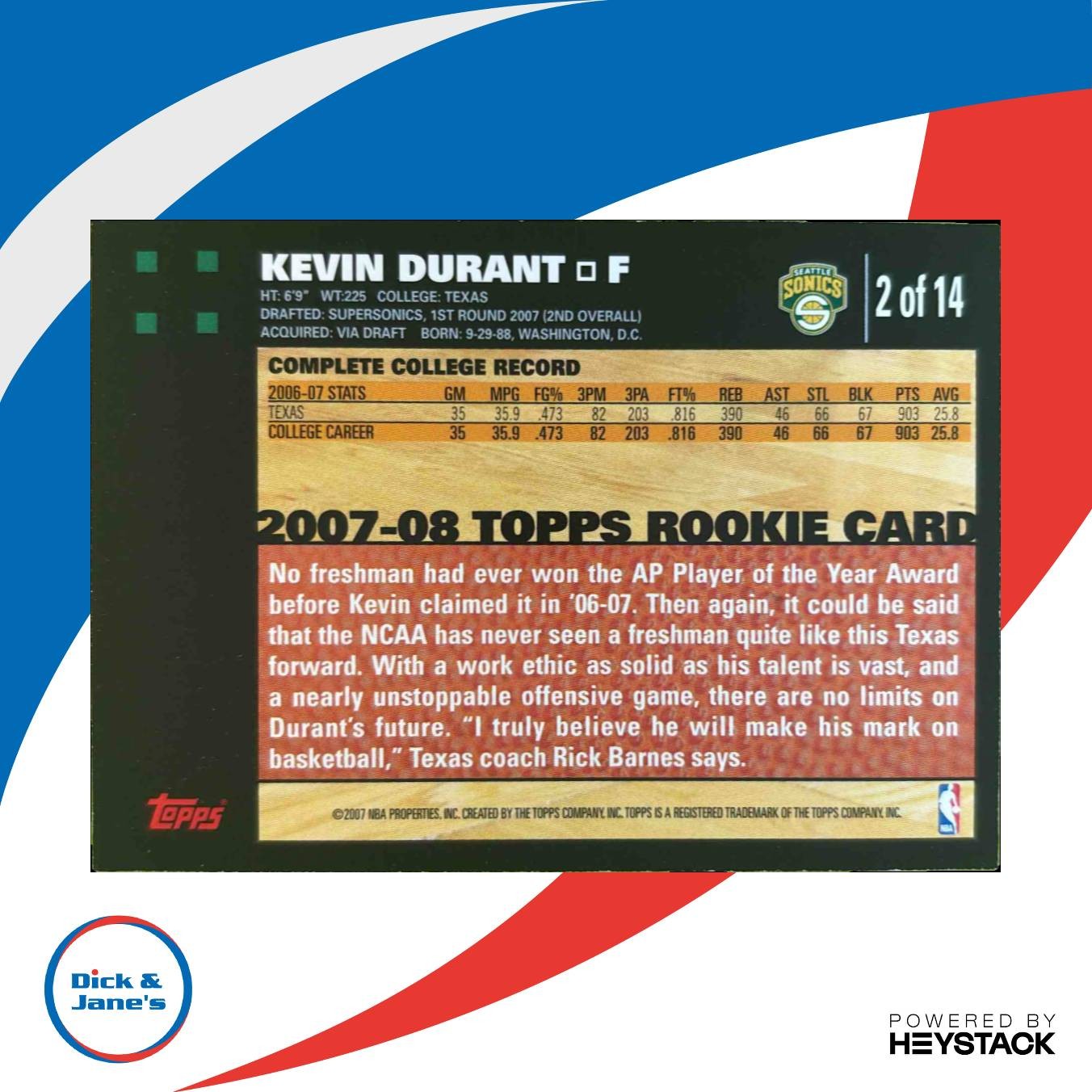 2007-08 Topps Kevin Durant Rookie Set Orange #2 RC