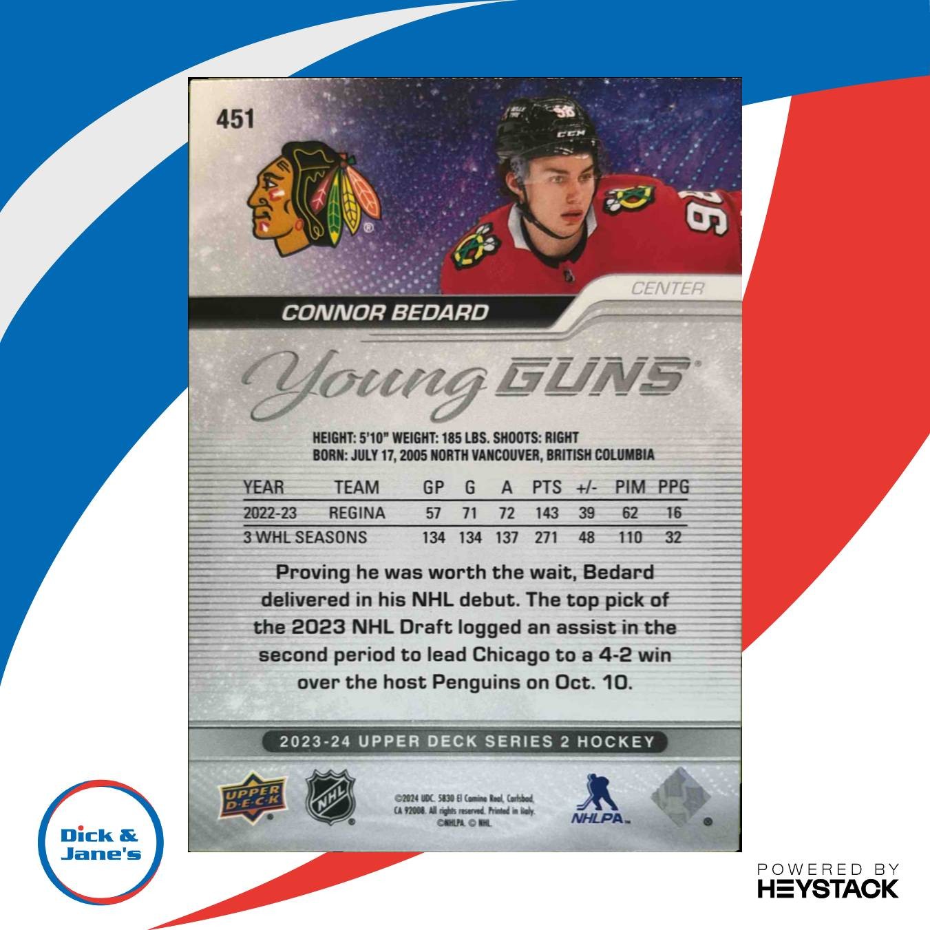2023-24 Upper Deck #451 Connor Bedard RC Young Guns Rookie Chicago Blackhawks