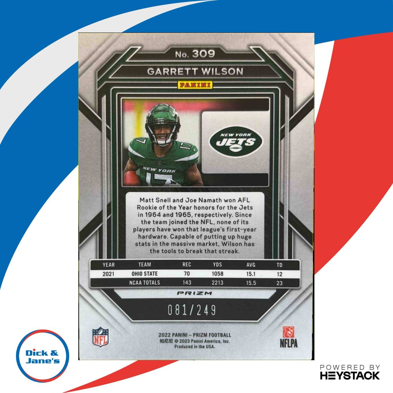2022 Panini Prizm Garrett Wilson Orange 81/249 #309 RC New York Jets