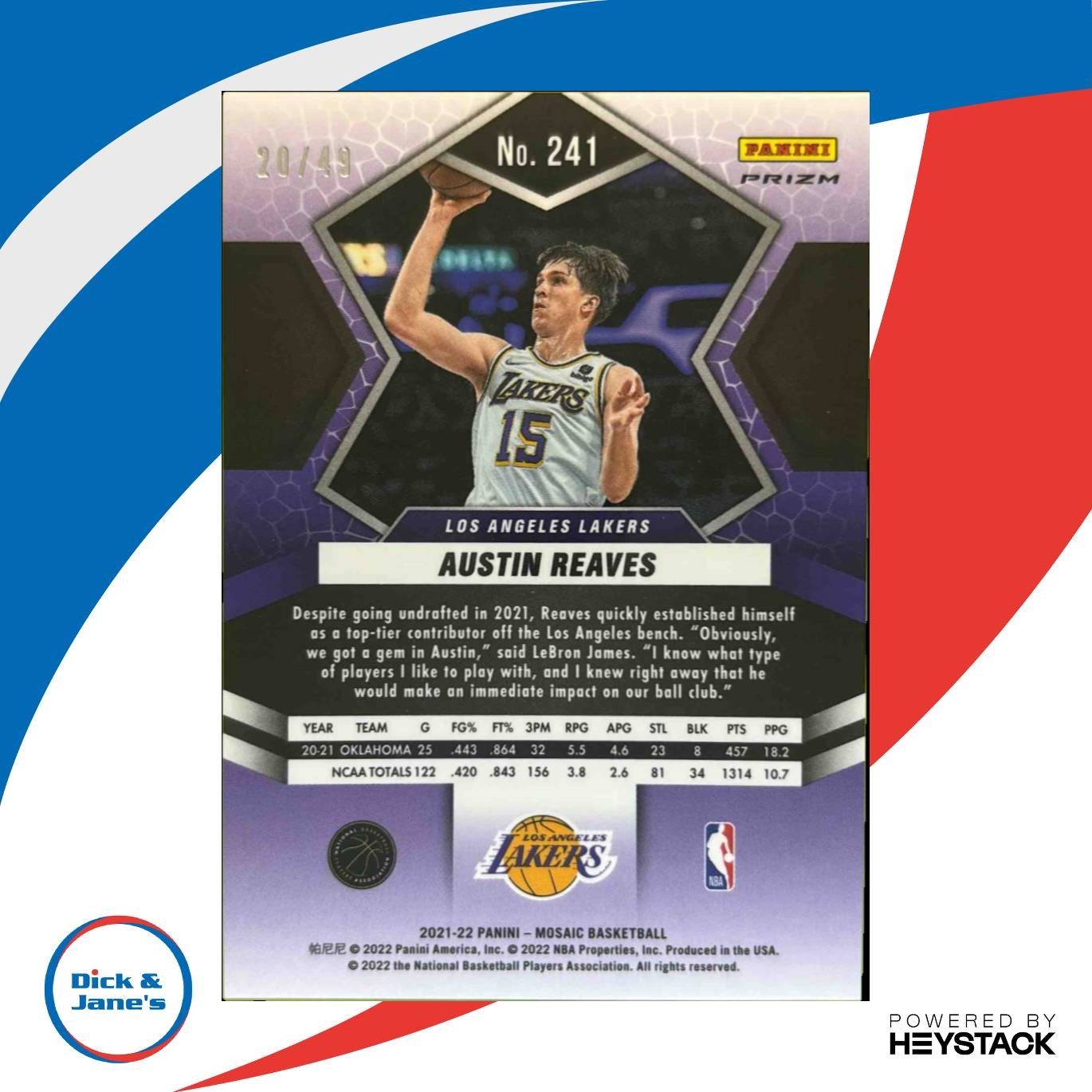 2021-22 Panini Mosaic Austin Reaves Purple 20/49 #241 RC Los Angeles Lakers