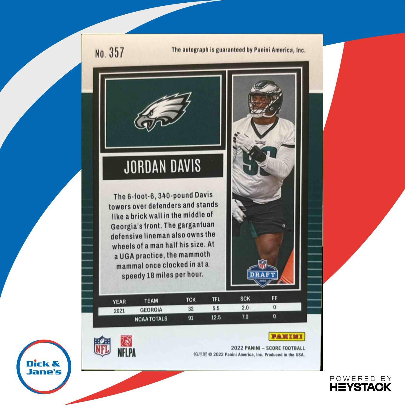 2022 Score Jordan Davis Signatures Artist's Proof 13/35 #357 Auto Rookie Eagles