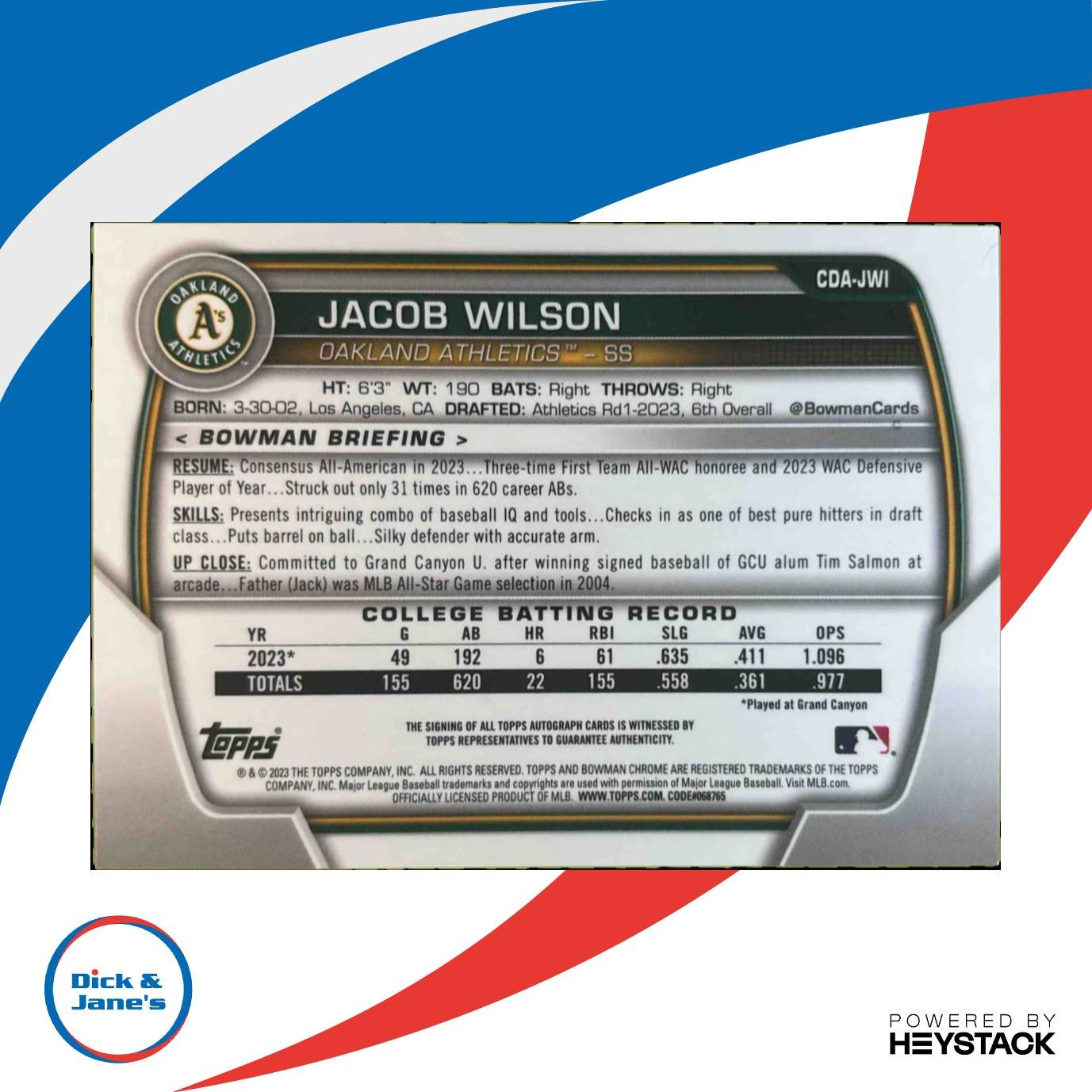2023 Bowman Draft Jacob Wilson Chrome Auto JWI 1st Prospect Oakland Athletics