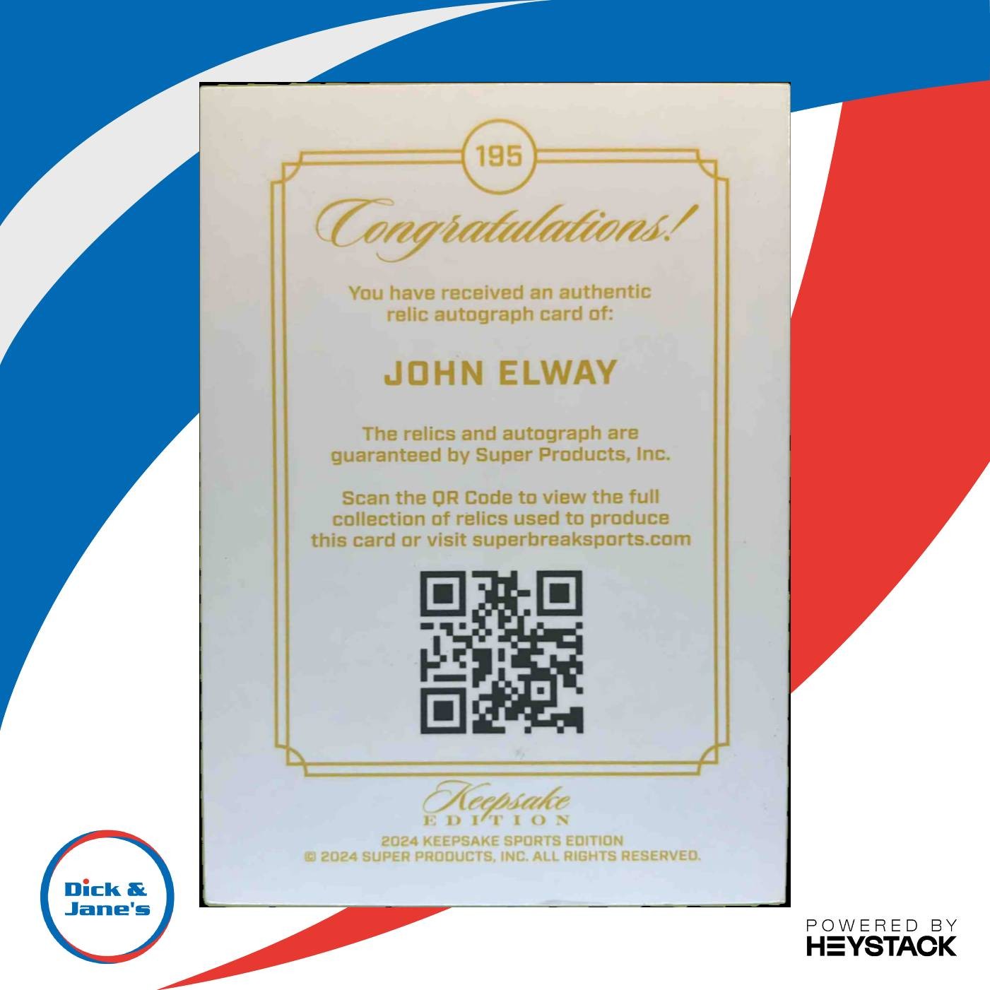 2024 Keepsake Collection riple Gem Autograph Patch #195 John Elway 1/1 Broncos