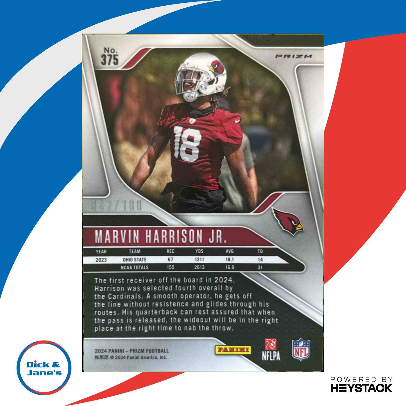 2024 Panini Prizm Marvin Harrison Jr. Hyper 42/180 #375 RC Arizona Cardinals