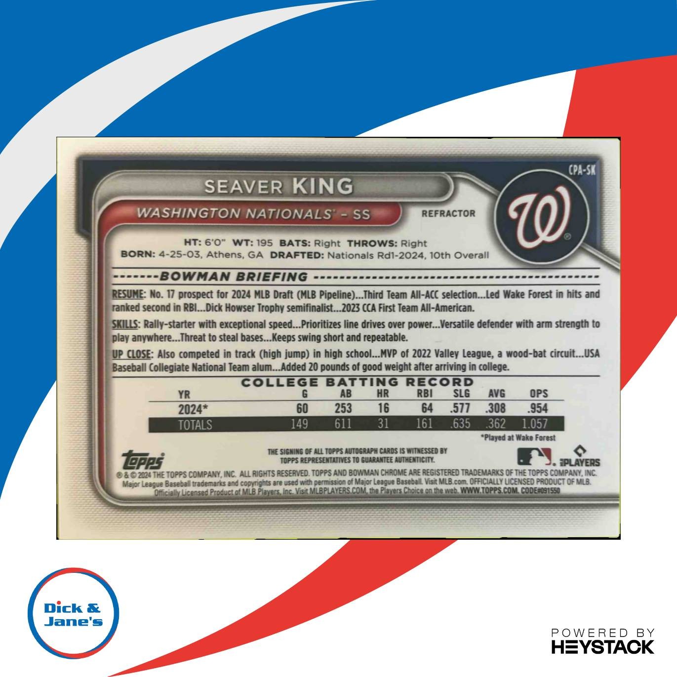 2024 Bowman Draft Seaver King Chrome Auto Refractor 63/499 1st Prospect Nats