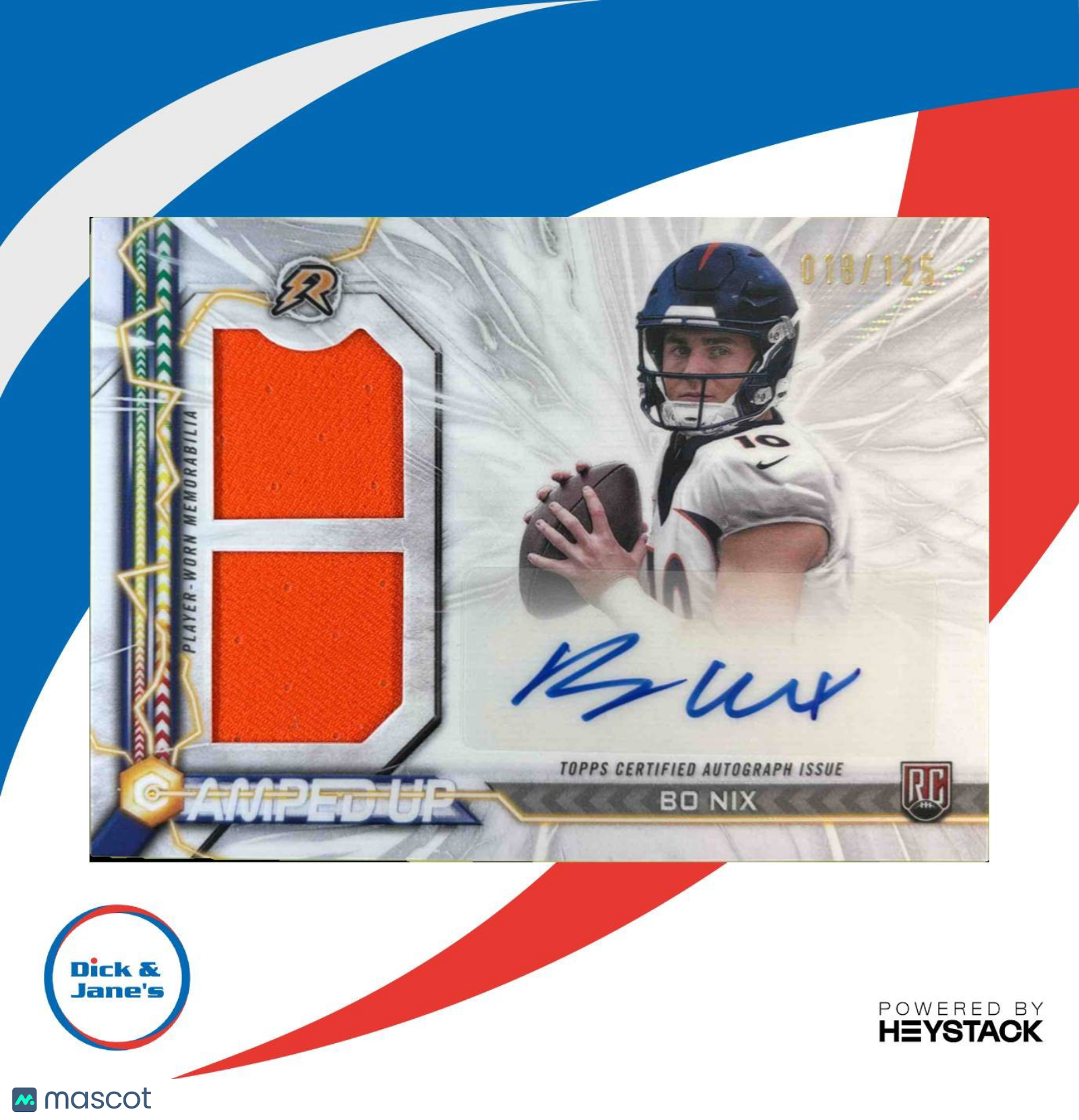 2024 Topps Resurgence Bo Nix Amped Up Rookie Patch Auto White Surge /125 Broncos