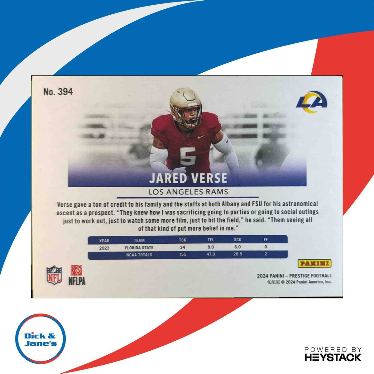 2024 Panini Prestige Jared Verse Diamond Xtra Points #394 RC Los Angeles Rams