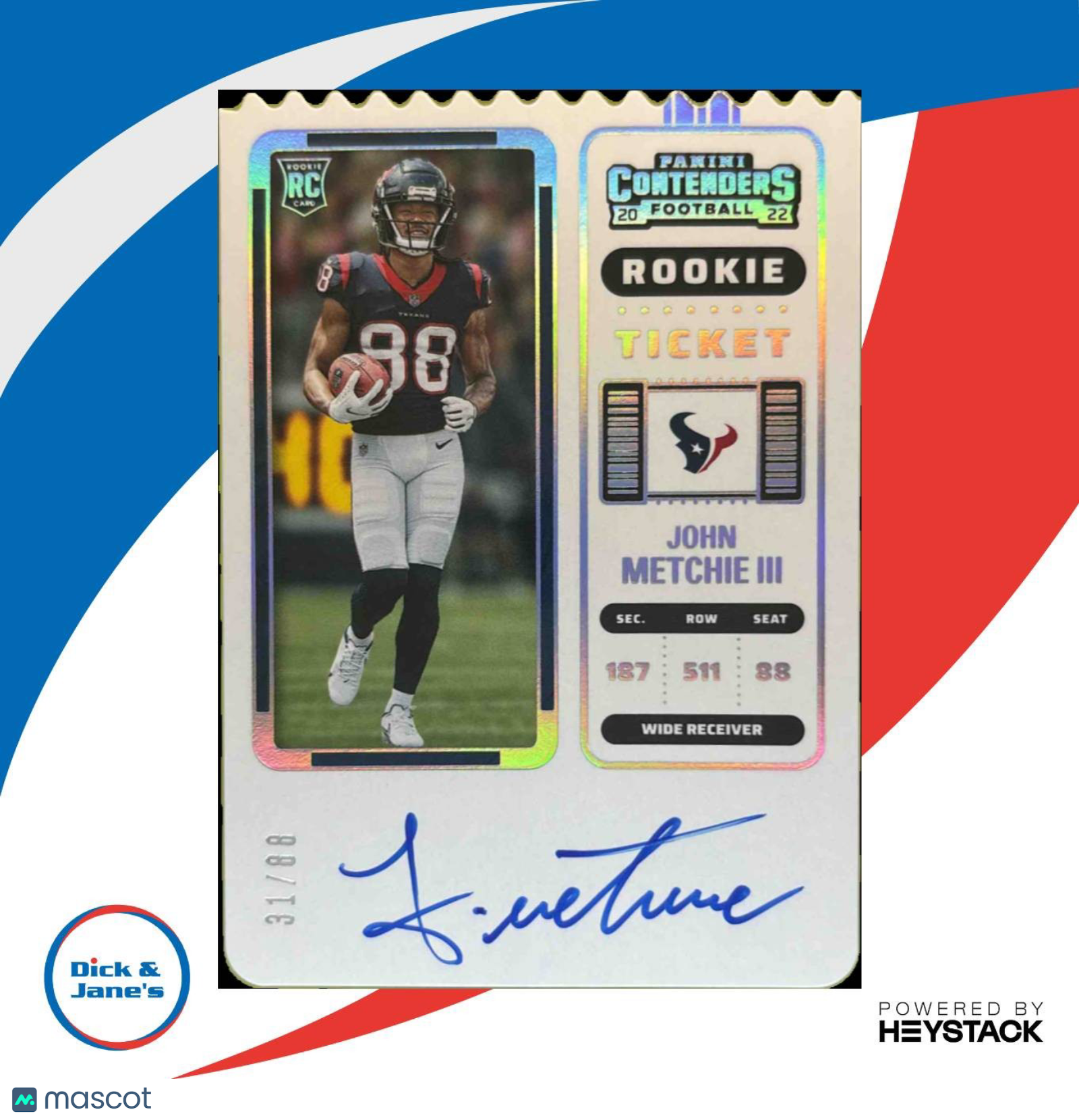 2022 Contenders John Metchie III Rookie Ticket Stub RPS 31/88 125 RC Auto Texans