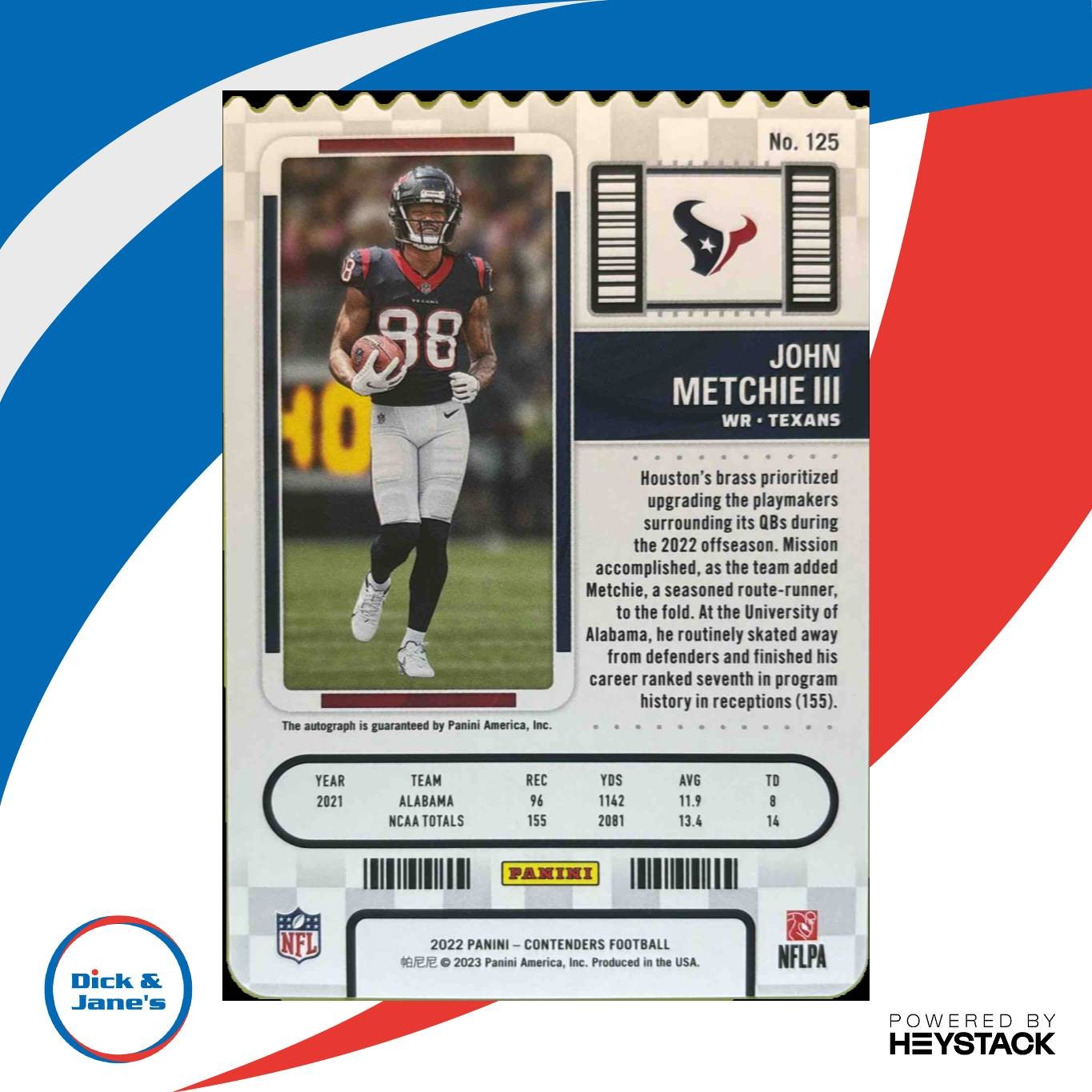2022 Contenders John Metchie III Rookie Ticket Stub RPS 31/88 125 RC Auto Texans