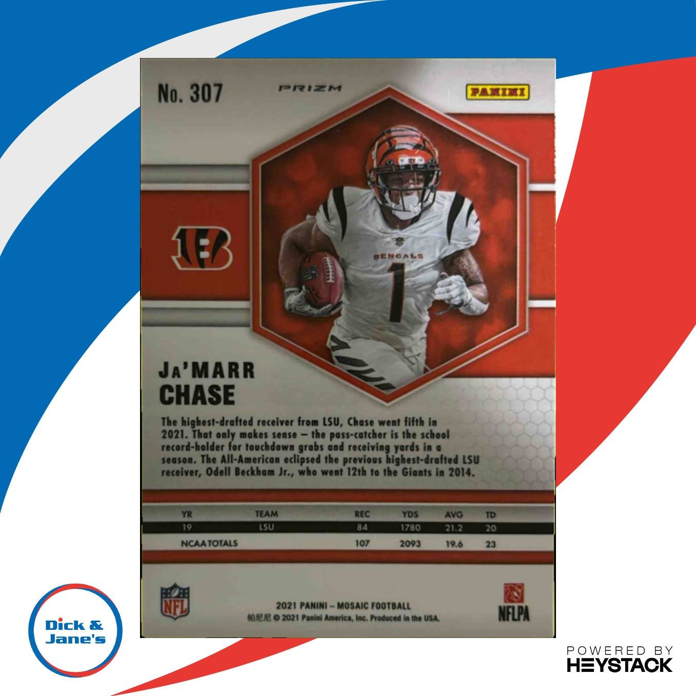 2021 Panini Mosaic Ja'Marr Chase Prizm Silver Holo #307 RC Cincinnati Bengals