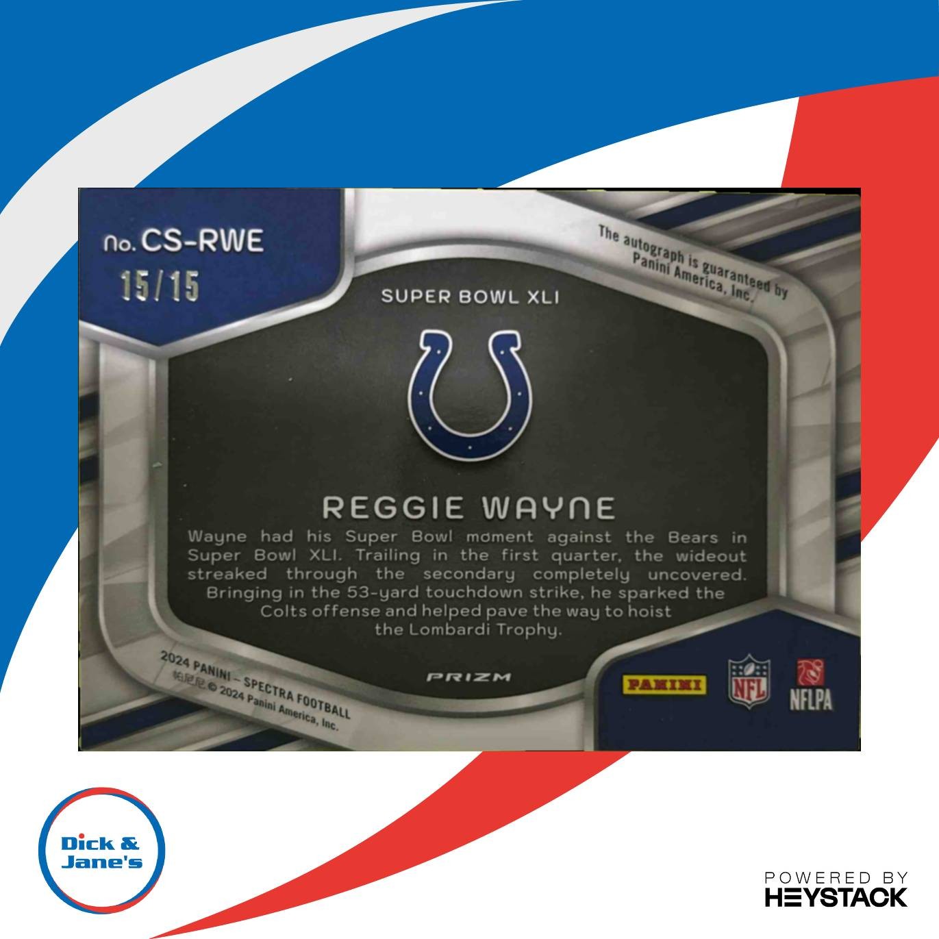 2024 Spectra Reggie Wayne Champion Signatures Neon Pink 15/15 Auto Colts SB XLI