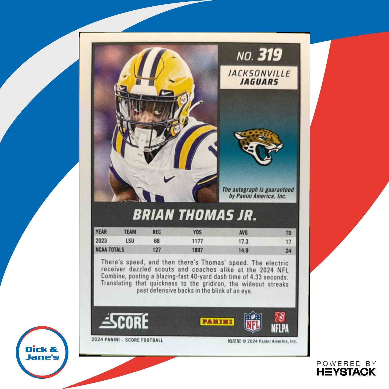 2024 Score Brian Thomas Jr. Signatures End Zone 5/6 Auto RC Jacksonville Jaguars