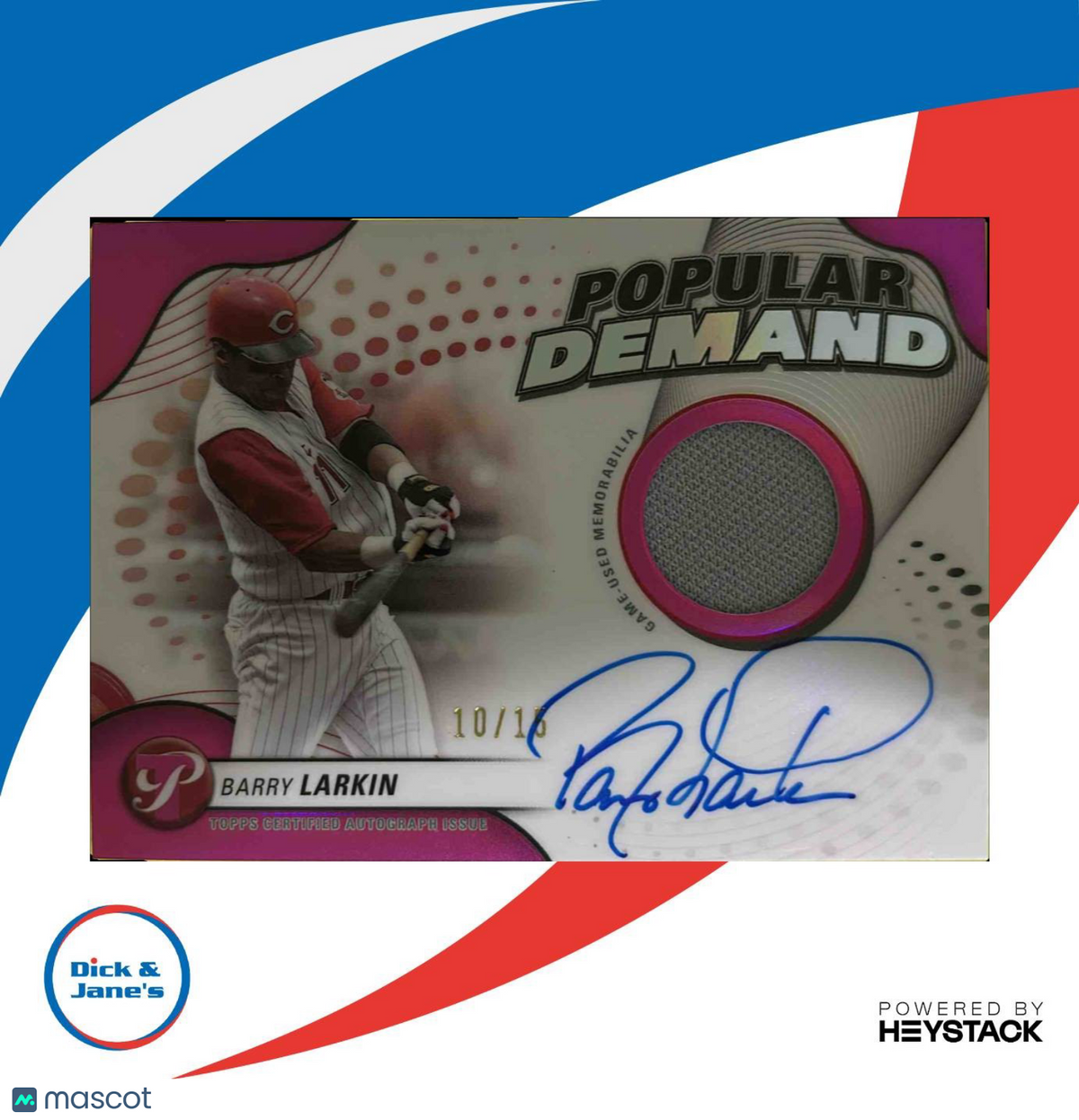 2024 Topps Pristine Barry Larkin Popular Demand Auto Relics Pink Refractor 10/15