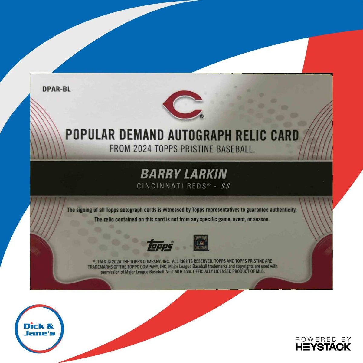2024 Topps Pristine Barry Larkin Popular Demand Auto Relics Pink Refractor 10/15