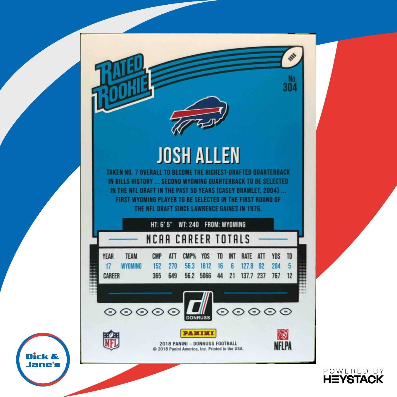 2018 Panini Donruss Josh Allen Press Proof Blue 304 RC Buffalo Bills Rookie Card - Sports Cards