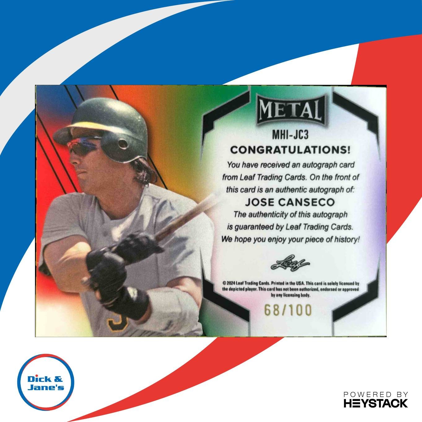 2024 Leaf Metal Inscriptions Gold “88 AL MVP” Jose Canseco /100 Auto - Sports Cards