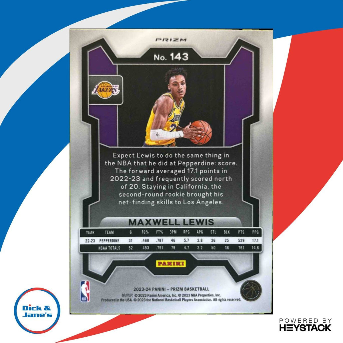 2023-24 Panini Prizm Maxwell Lewis Prizms Red Sparkle #143 RC Los Angeles Lakers